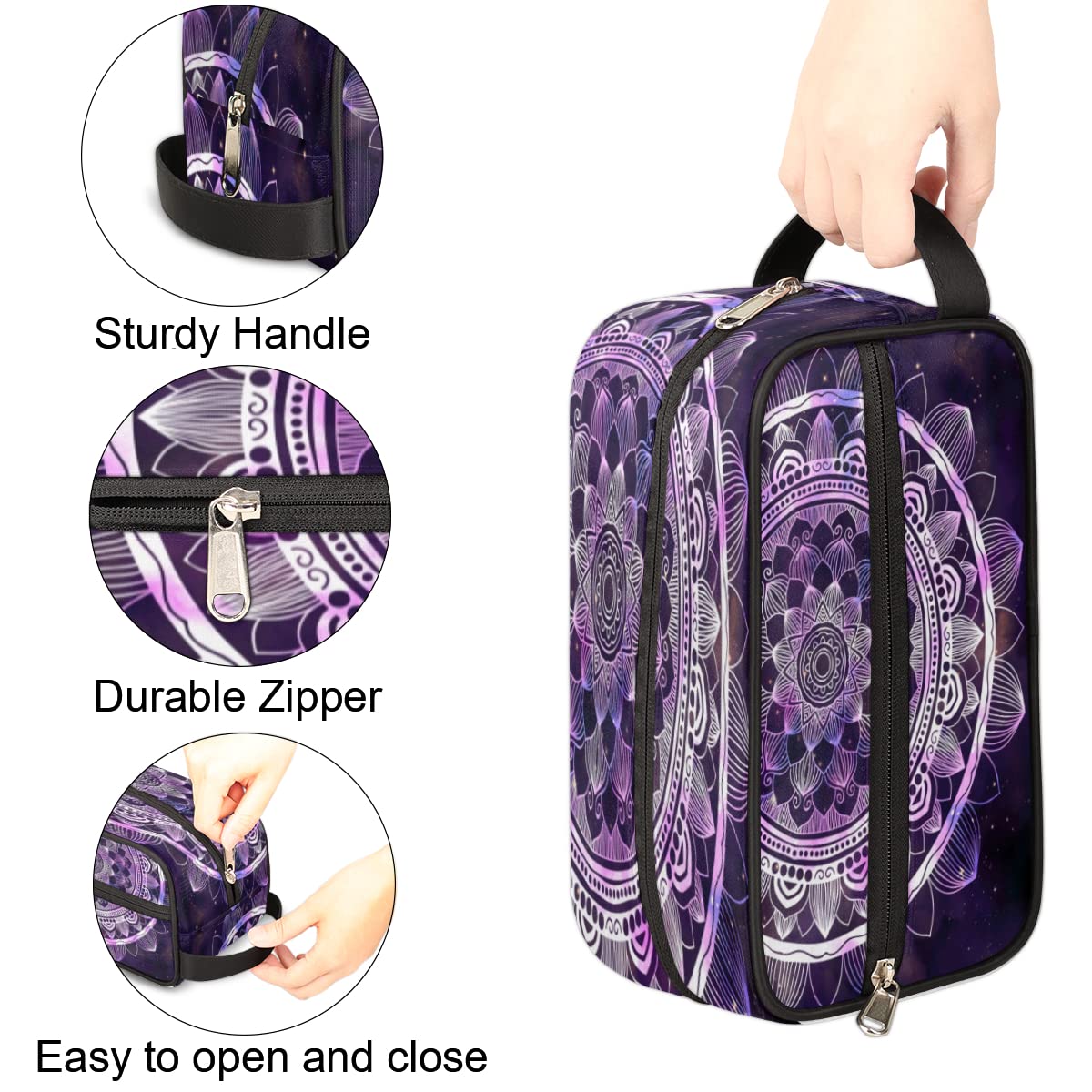 Boho Purple Mandala Travel Toiletry Bag - Large Waterproof Cosmetic Organizer for Women | Portable Makeup & Wash Bag with Ethnic Floral Design | Perfect for Vacations, Gym, Camping & Daily Use