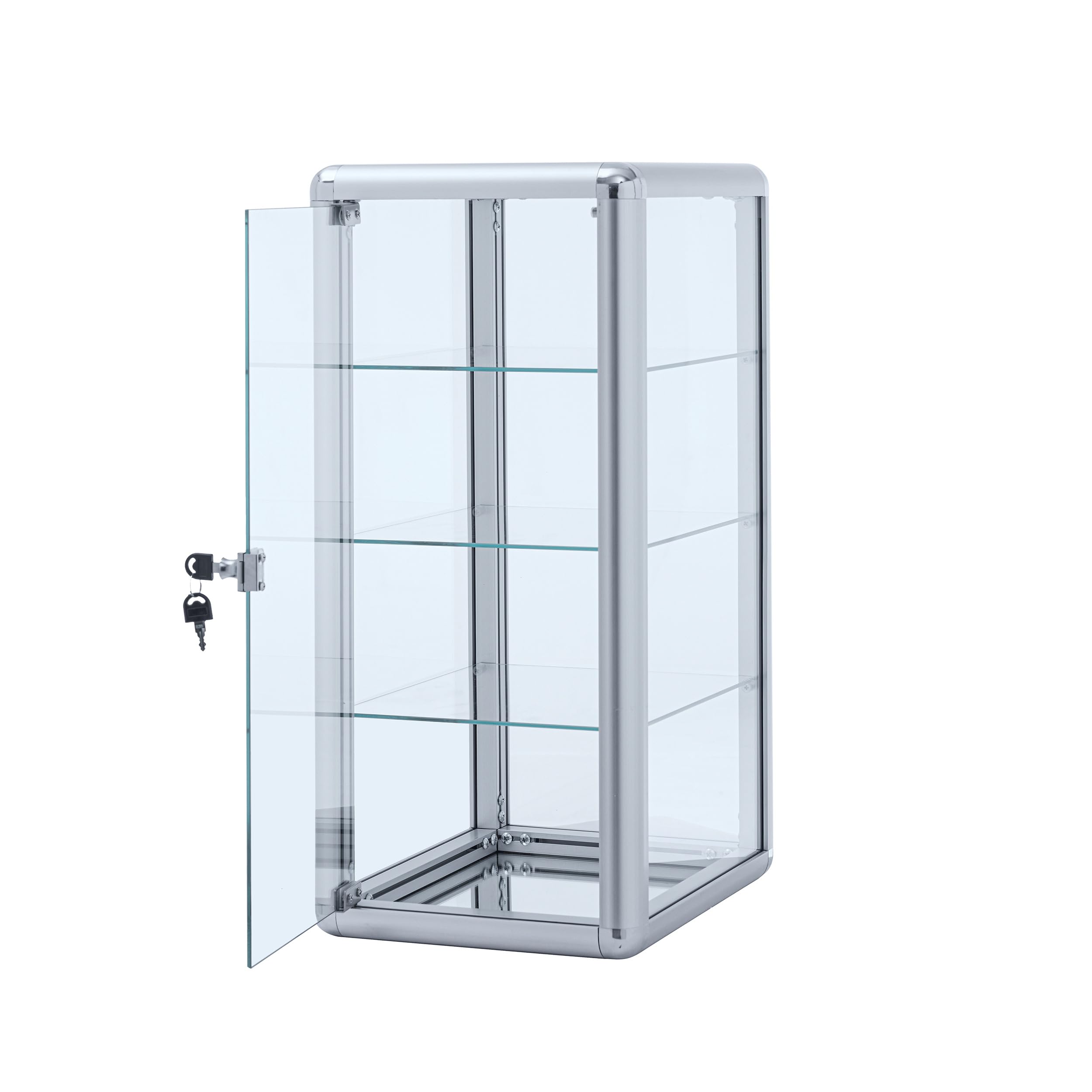 4-Tier Tempered Glass Display Case with Sliding Door & Lock - Silver Aluminum Frame Countertop Showcase (12