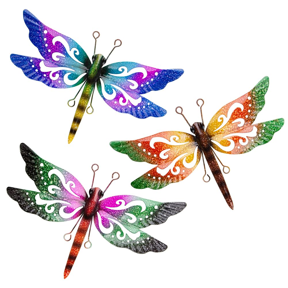 3 Pack Colorful Metal Dragonfly Wall Decor - Outdoor Garden Art for Patio, Yard, Fence - Weather-Resistant Hanging Decoration for Home & Garden Décor | Perfect for Spring Decorations & Outdoor Parties