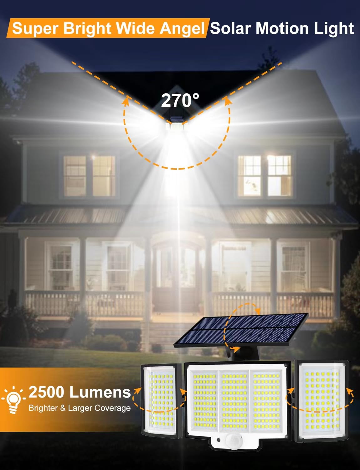 2500 Lumen Solar Security Lights Outdoor - 3 Head Waterproof Motion Sensor Flood Lights with Large Area Illumination | Solar Powered for Driveway, Garden, Patio & Backyard Safety Lighting