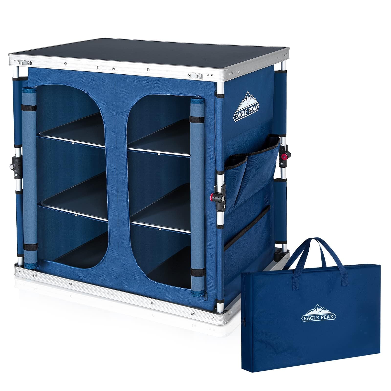 EAGLE PEAK 3-Tier Folding Camping Table with Storage Organizer | Portable Aluminum Outdoor Picnic Table for Camping, Hiking, BBQ & Beach | Compact Design with Side Pockets & Easy Setup (Blue)