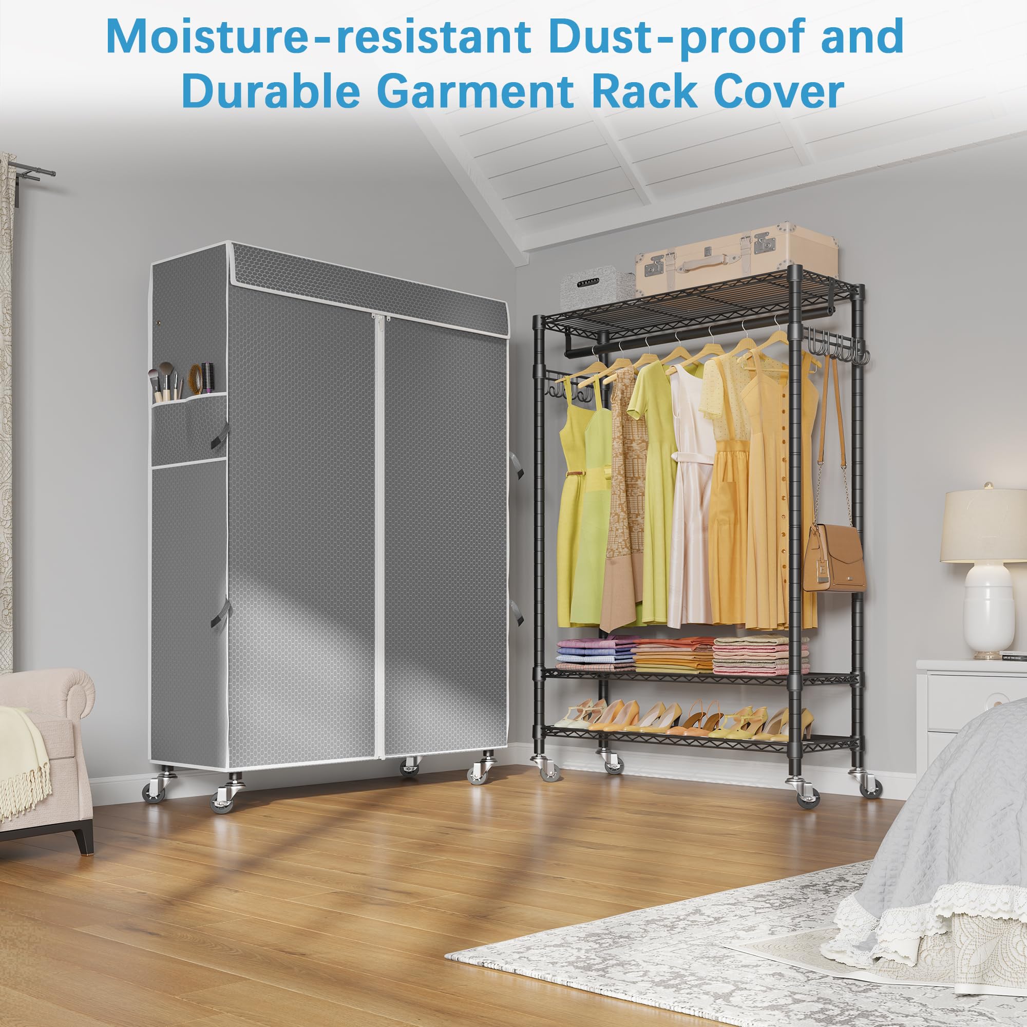 VIPEK R1C Plus Heavy Duty Rolling Garment Rack with Locking Wheels, Adjustable Shelves & Side Hooks - Portable Closet Organizer for Clothes, Shoes & Accessories (Black Frame with Grey Polyester Cover) - Perfect for Home, Retail Stores, Laundry Rooms & Closet Organization