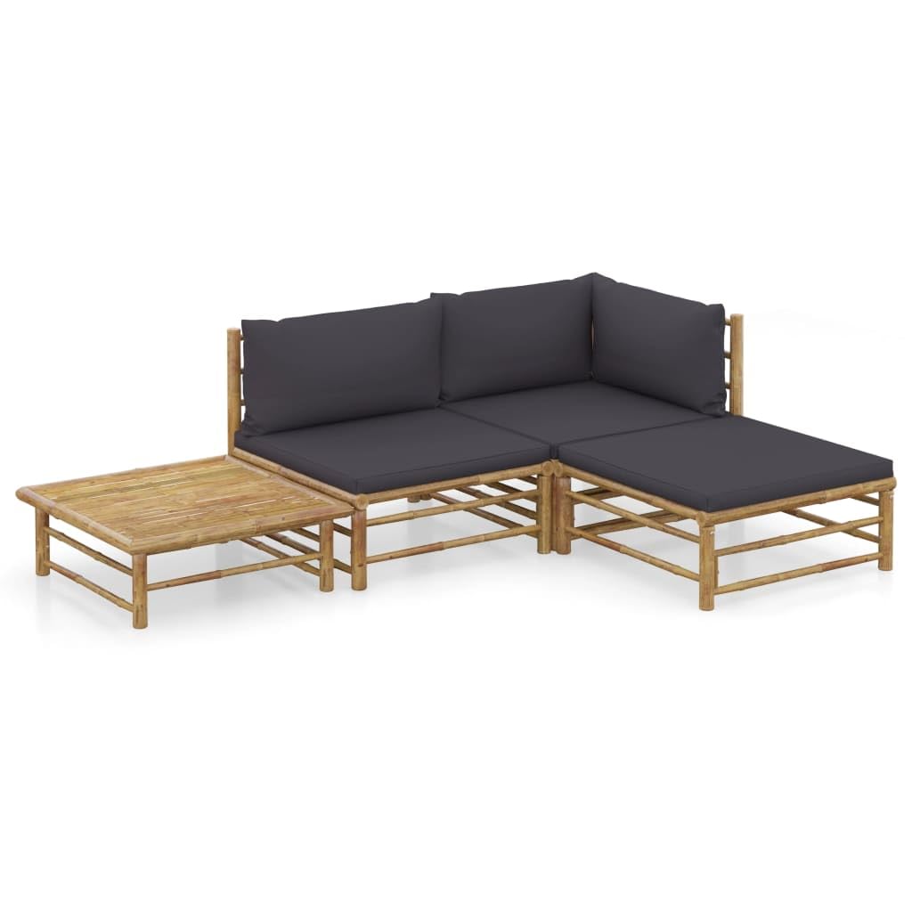 vidaXL Bamboo Patio Lounge Set with Dark Gray Cushions - 4 Piece Modular Outdoor Furniture Set - Scandinavian Style Garden Sofa with Included Cushions for Comfort | Perfect for Backyard, Poolside & Patio Relaxation