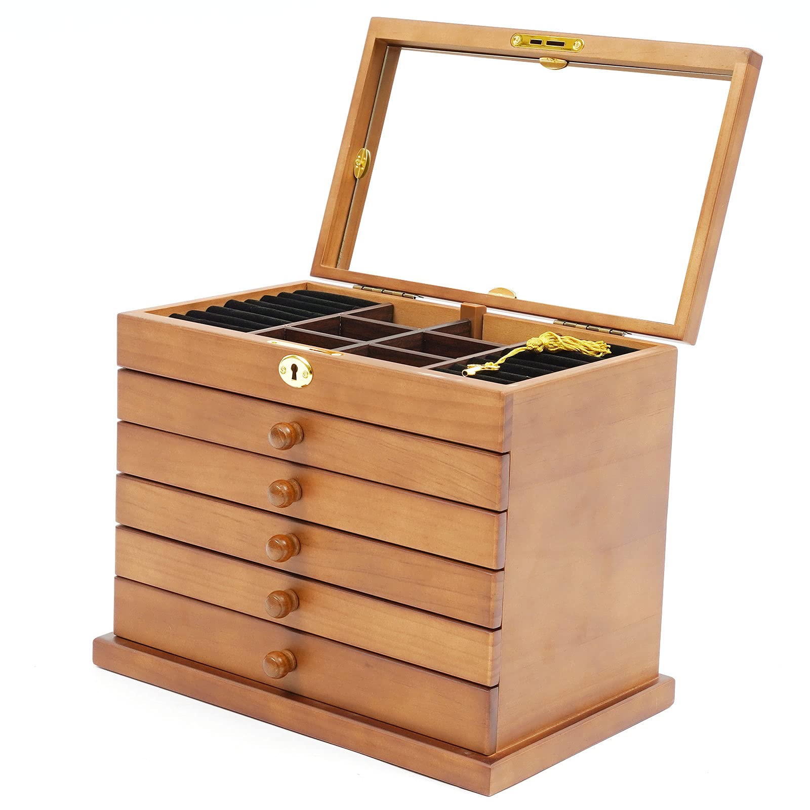 LYNICESHOP 6-Layer Large Wooden Jewelry Box with Mirror & Lock - Jewelry Organizer for Watches, Earrings, Rings, Necklaces & Bracelets - Perfect for Bedroom Vanity, Travel & Gift Giving (Brown)
