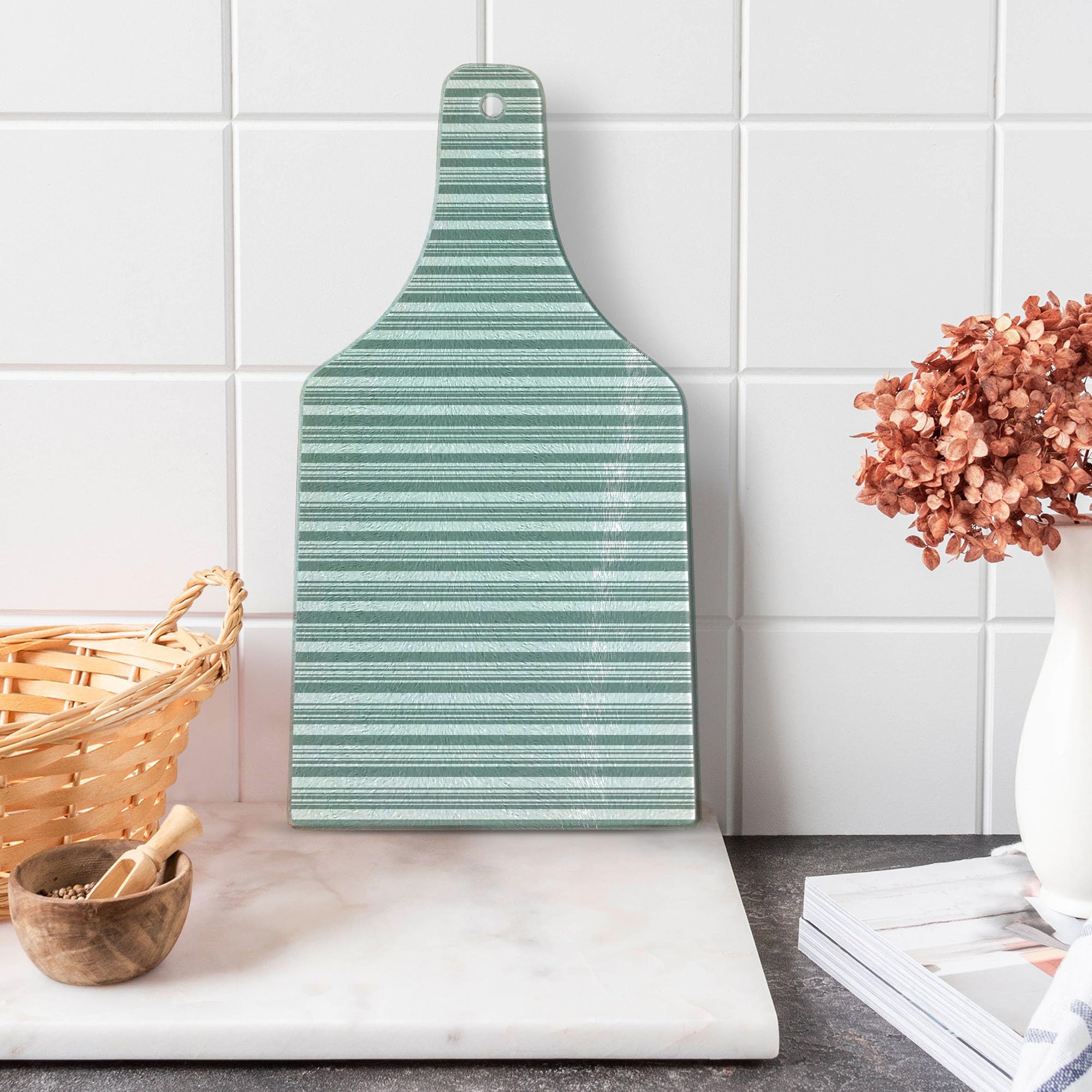 Ambesonne Modern Wine Bottle Shaped Cutting Board - Vertical Thin & Bold Stripes Optical Pattern Retro Abstract Print - Tempered Glass Decorative Serving Board for Kitchen & Dining - Pale Sage Green & White - Perfect for Cheese, Charcuterie & Wine Pairing