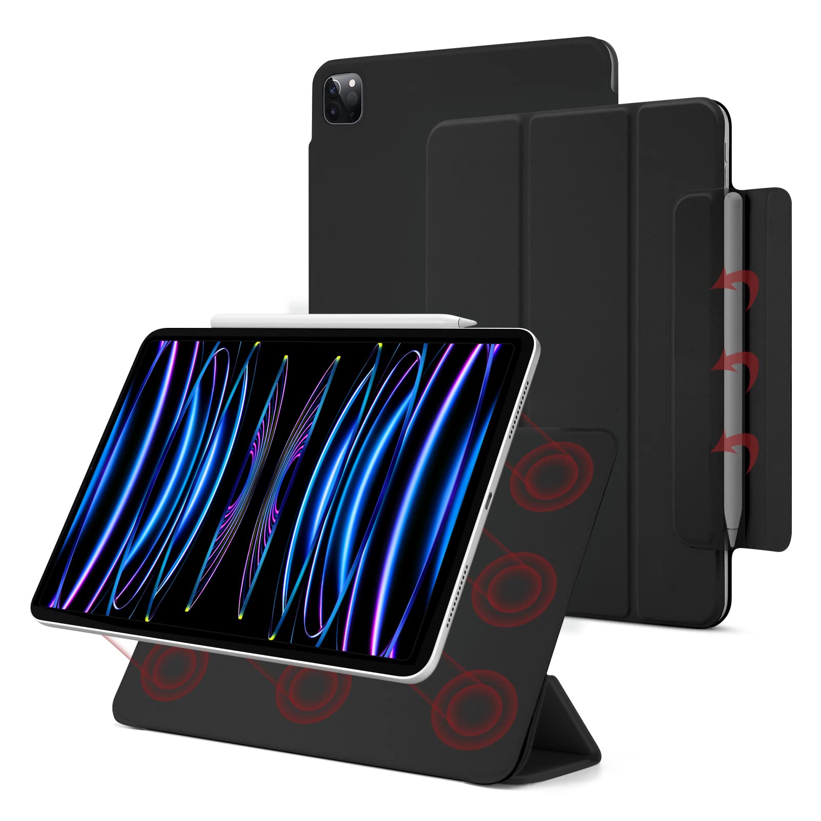 Magnetic Case for iPad Pro 11 Inch 4th/3rd/2nd Gen (2022/2021/2020) - Slim Smart Folio Cover with Auto Sleep/Wake, Pencil Charging & Trifold Stand - Lightweight Protective Case (Black) | Perfect for Work, Travel & Home Use