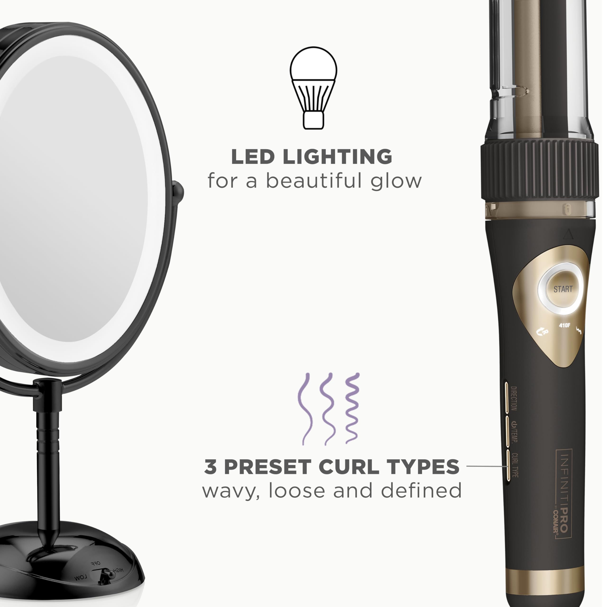 Conair Limited Edition Bundle: INFINITIPRO by CONAIR 3/4-inch Automatic Curling Iron & Lighted Makeup Mirror - Black | Amazon Exclusive | Perfect for Home Salon & Travel Styling