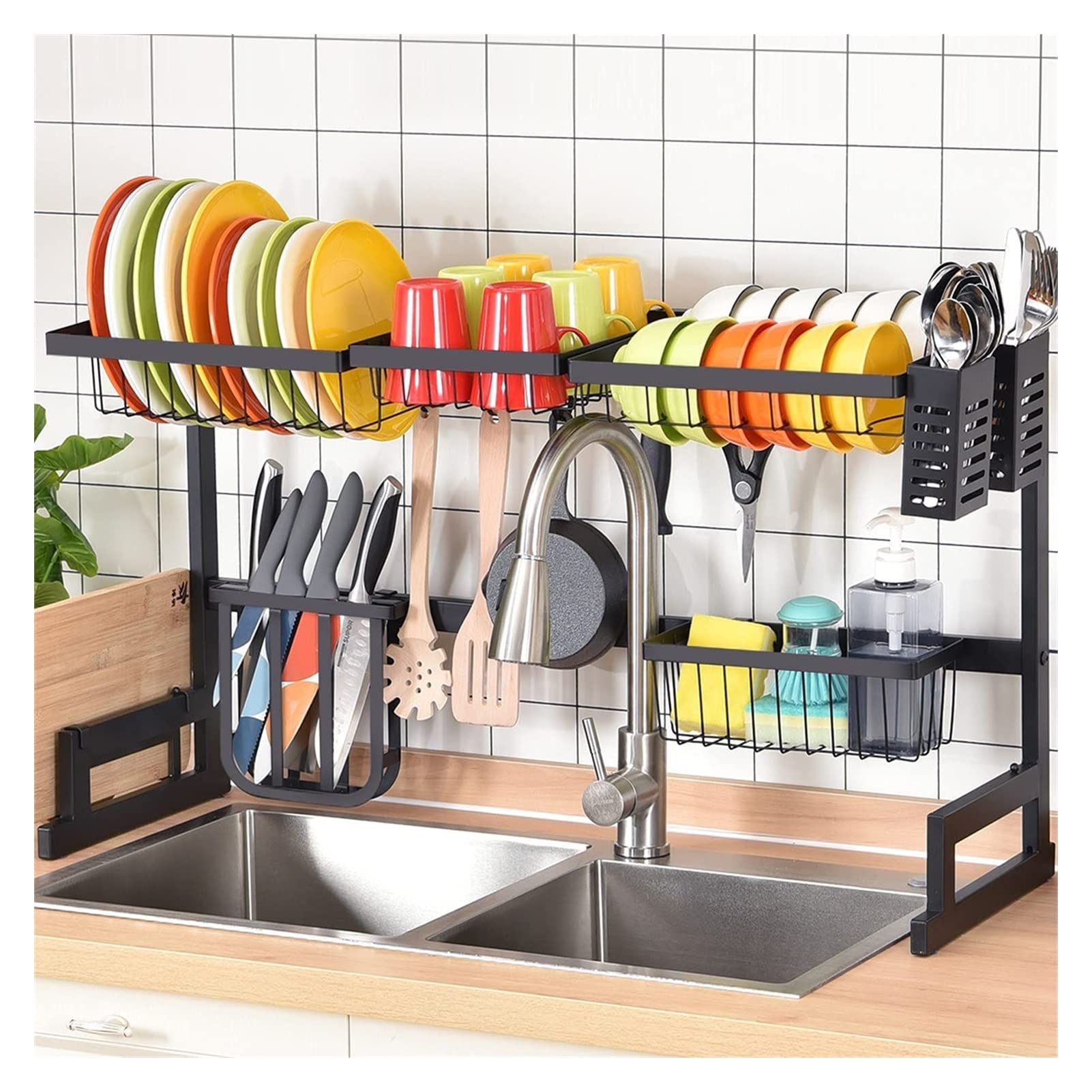 2-Tier Over Sink Dish Drying Rack with Utensil Hooks - Large Capacity Kitchen Countertop Organizer for Plates, Bowls & Pots - Perfect for Small Kitchens, Apartments & Dish Storage Solutions