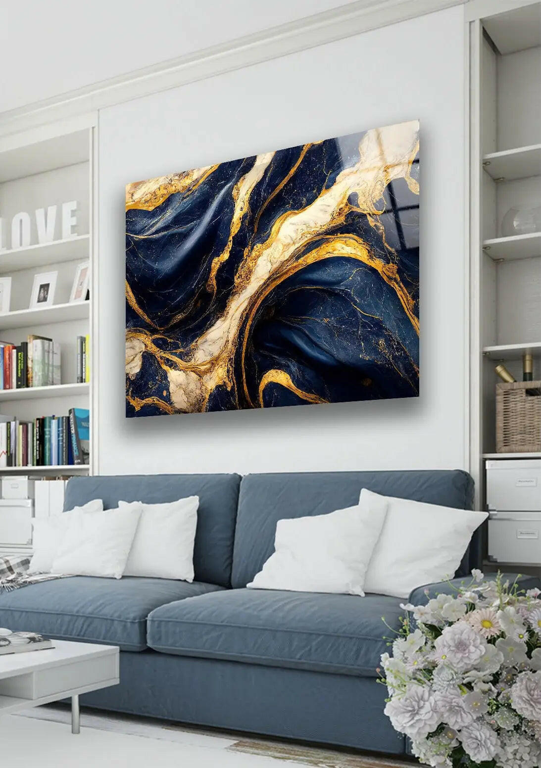 Abstract Marble Dark Blue and Gold Glass Wall Art - Modern Home Decor for Living Room, Bedroom & Office - Elegant Handmade Glass Painting for Wall Display