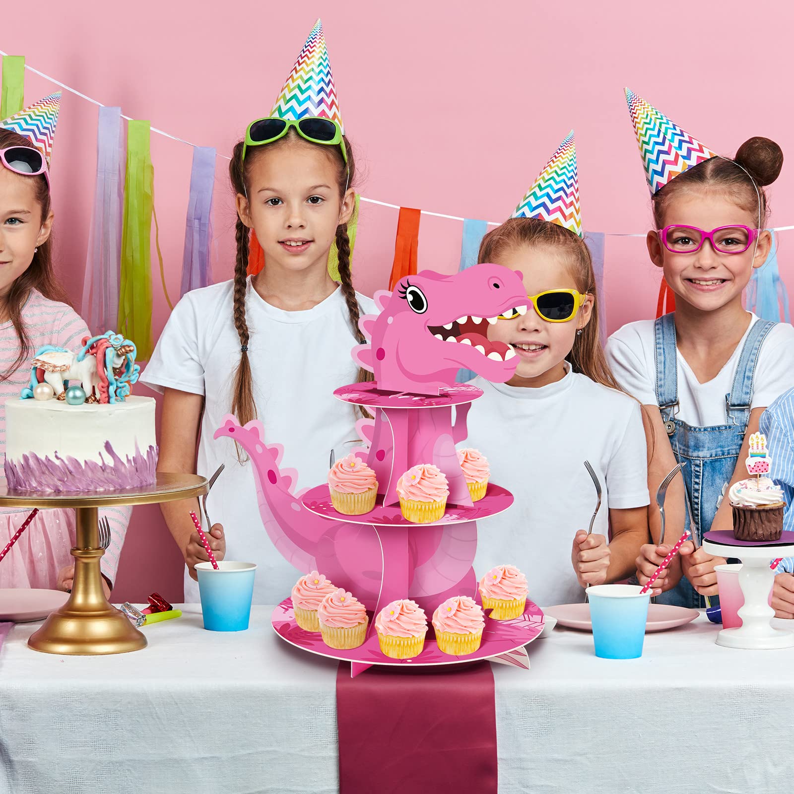 3 Tier Dinosaur Cupcake Stand - Dino Theme Party Decor for Kids Birthday, Baby Shower & Jungle Themed Events - Pink Dinosaur Dessert Tower Holder for Cupcakes, Cookies & Treats - Perfect for Birthday Parties, Baby Showers & Themed Celebrations
