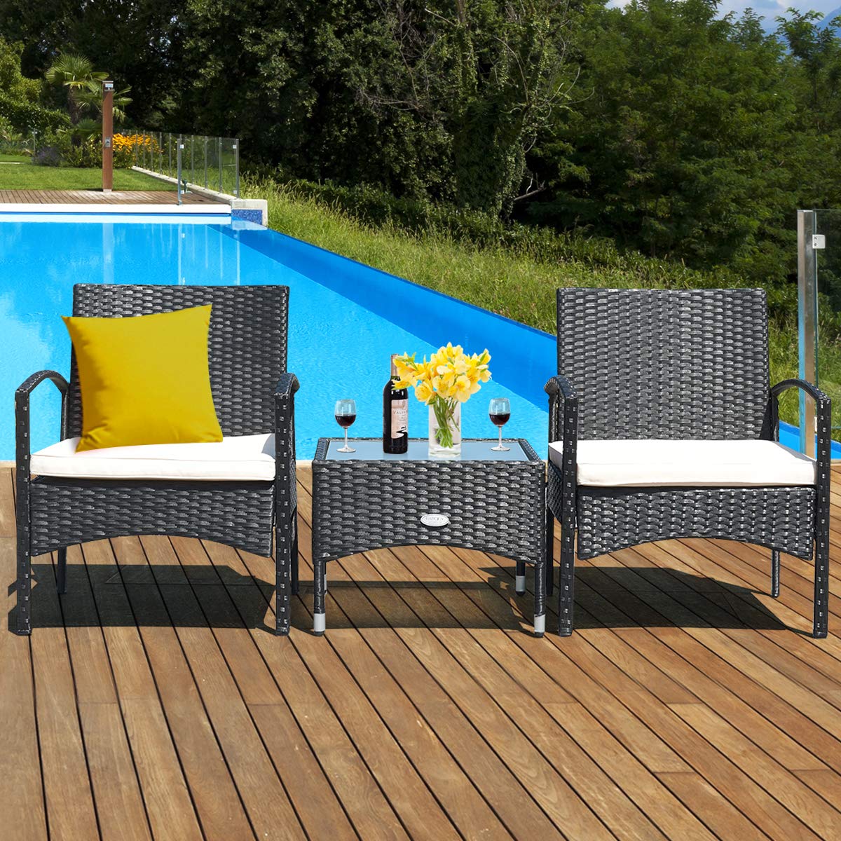 Tangkula 3-Piece Patio Furniture Set - Wicker Rattan Chairs with Coffee Table, Outdoor Conversation Set for Garden, Lawn, Backyard & Poolside (Black) - High Weight Capacity, Weather-Resistant for Relaxing & Entertaining