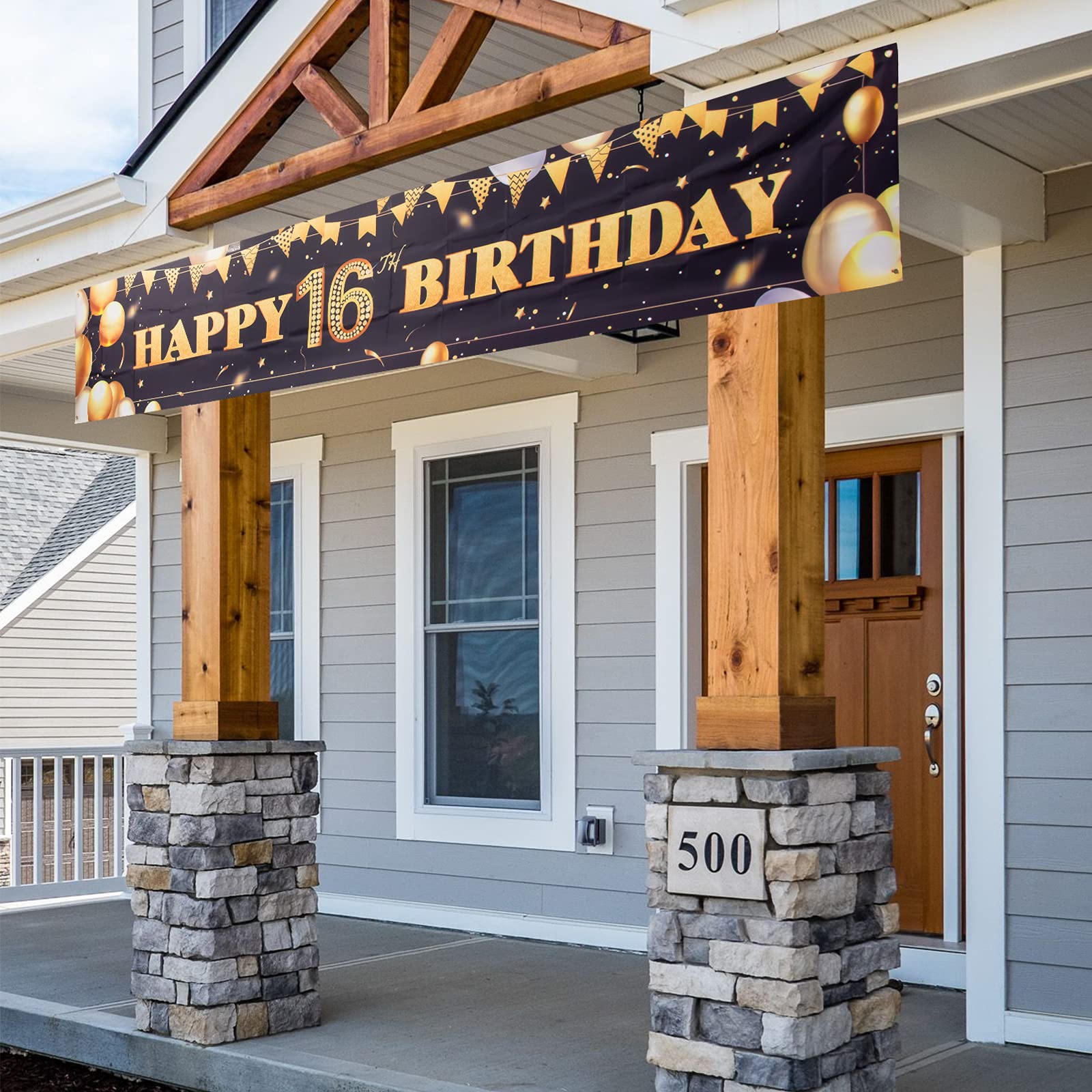 16th Birthday Banner Outdoor Decorations - Large Black & Gold Yard Sign for Boys | 16 Year Old Party Backdrop Supplies | Perfect for Sweet 16 Celebrations, Outdoor Parties & Photo Backgrounds