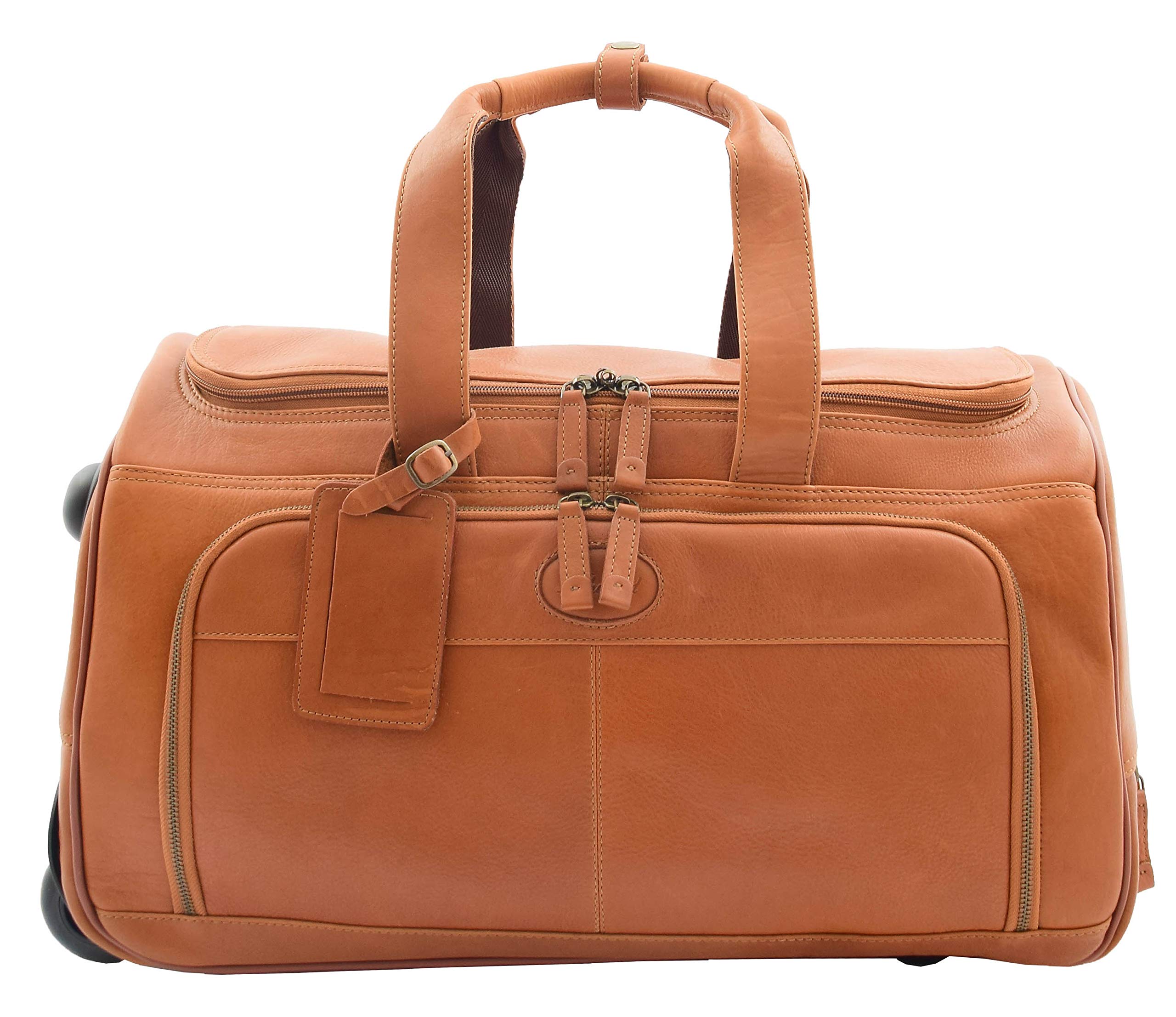 Premium Genuine Tan Leather Wheeled Travel Duffle Bag with Telescopic Handle - Ozwald Collection (Large, Tan) - Perfect for Business Trips, Weekend Getaways & Air Travel Luggage