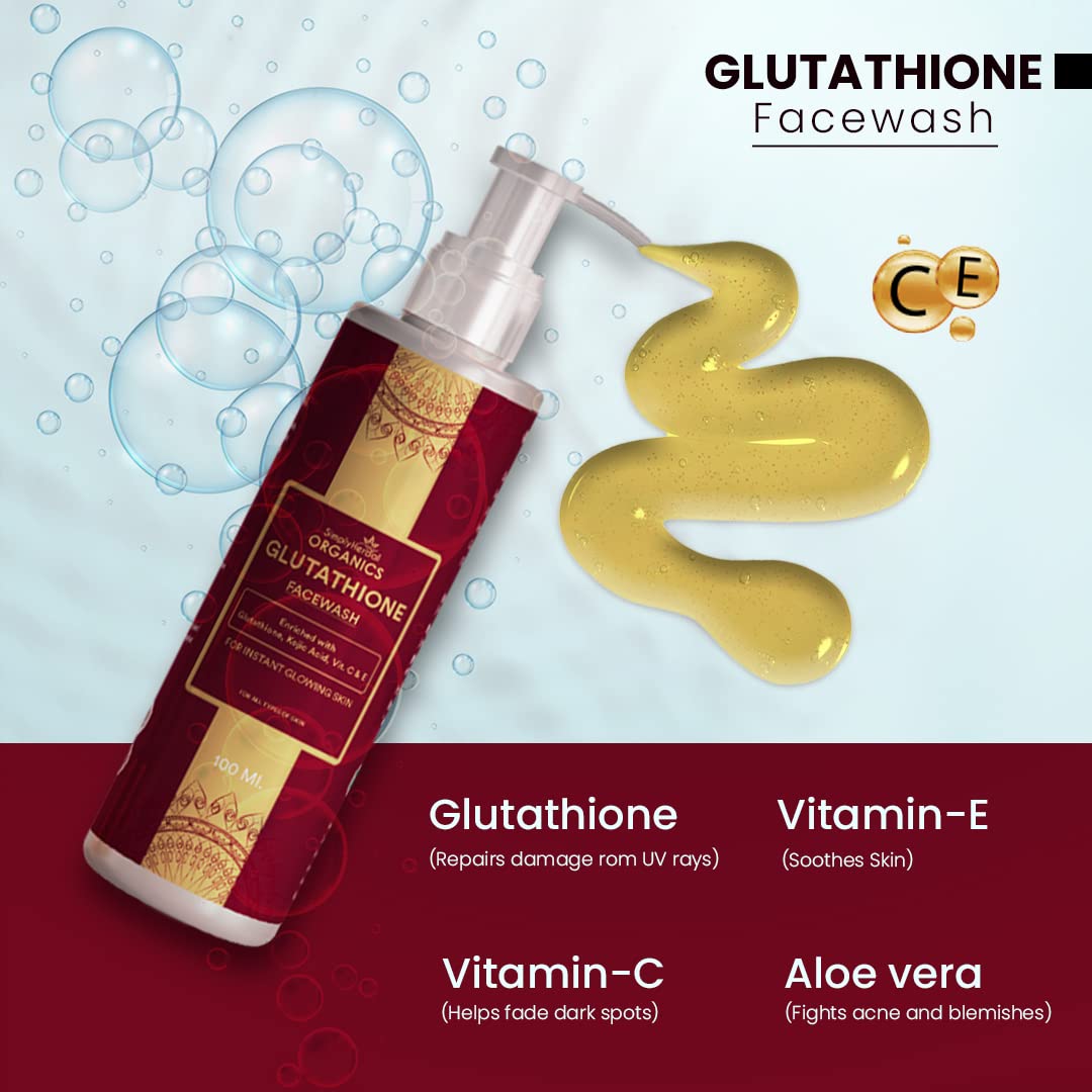 Simply Herbal Glutathione Face Wash with Vitamin C & E, Kojic Acid - Brightening, Oil Control & Hydrating Cleanser for Pigmentation & Tan Removal (100ml) | Perfect for Daily Skincare Routine & Achieving Glowing Skin