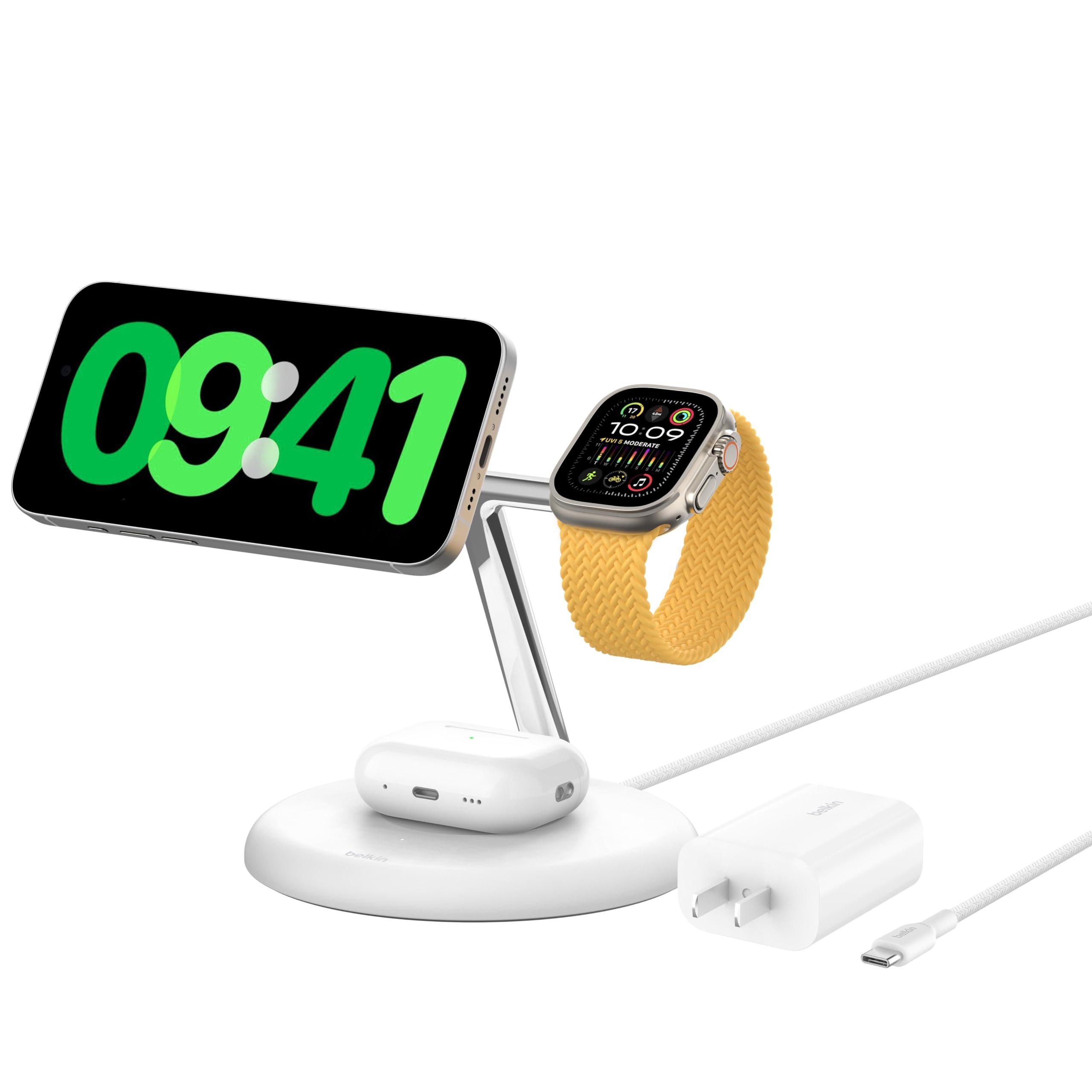 Belkin MagSafe-Compatible 3-in-1 Wireless Charger Stand 15W Fast Charging Station | Qi2-Certified for iPhone 16, AirPods & Apple Watch | Includes 36W Power Adapter | White | Perfect for Home, Office & Nightstand Charging