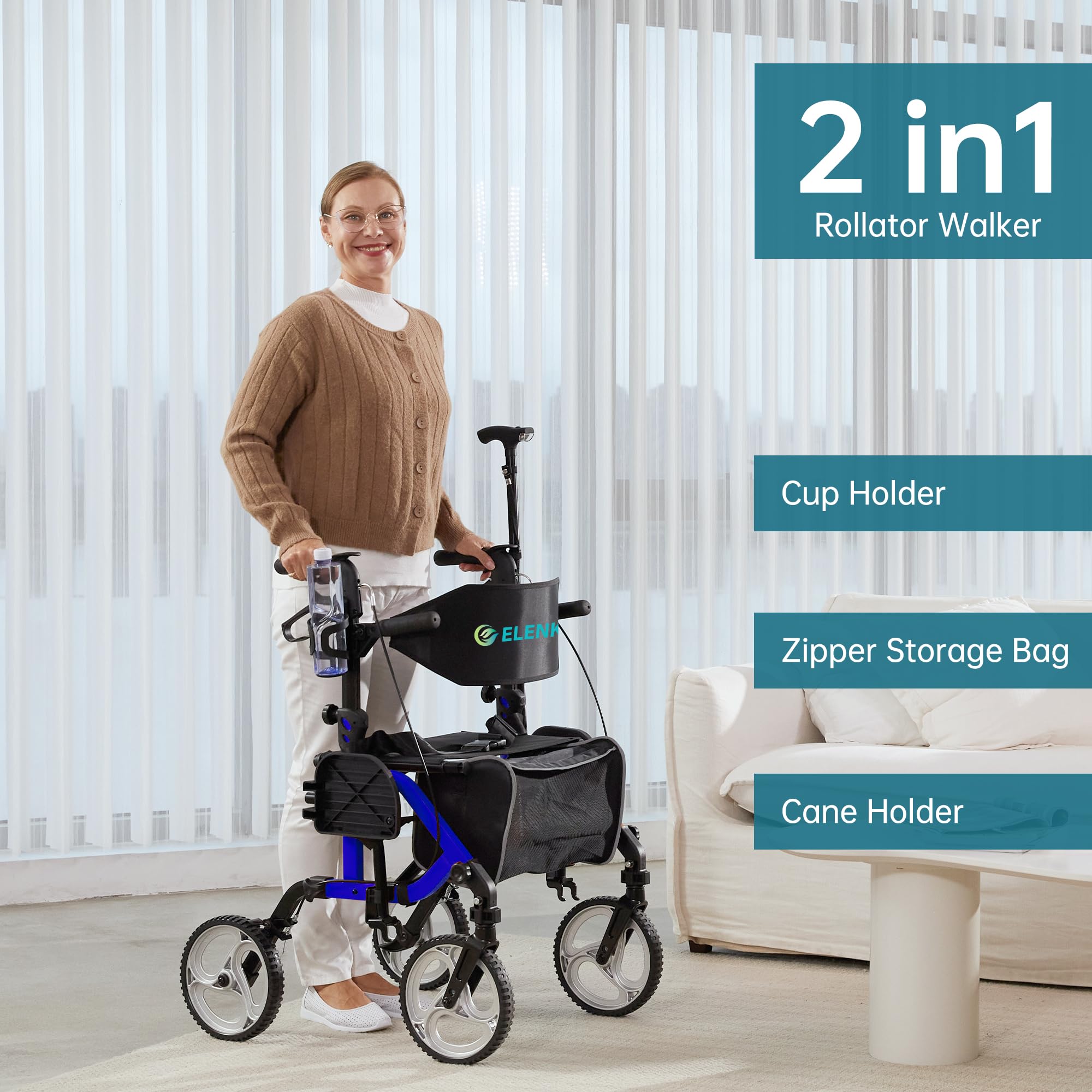 ELENKER 2 in 1 Rollator Walker & Transport Chair - Folding Wheelchair with 10