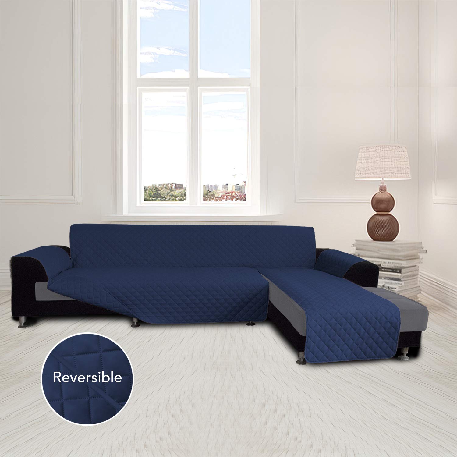 Reversible L-Shaped Sofa Slipcover - XL Navy Blue Sectional Couch Cover with Chaise | Pet & Kid Friendly Furniture Protector for Dogs, Cats & Children | Perfect for Living Room, Family Room & Home Theater