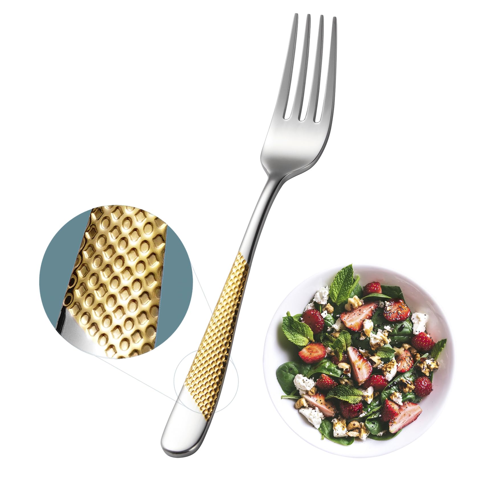 Xideman® 12-Piece Premium Hammered Salad Forks Set - 6.7 Inch 18/10 Stainless Steel Mirror Polished Silverware - Elegant Dessert Forks for Home Kitchen & Restaurant Use - Dishwasher Safe (Silver/Gold) - Perfect for Dinner Parties, Weddings & Catering Events
