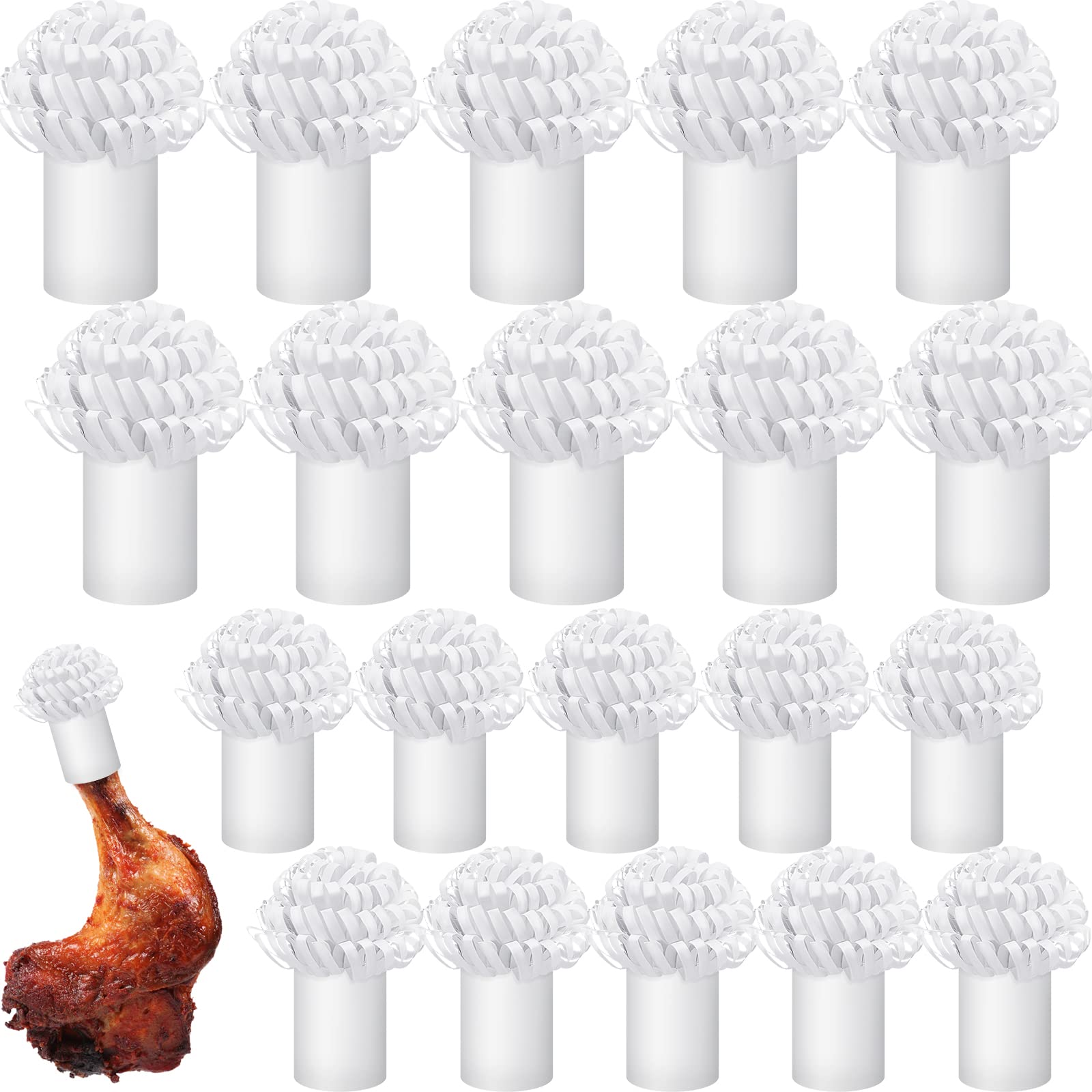 20 Pack White Decorative Paper Frills for Turkey Leg Holders - Food Wraps for Lamb Chops, Pork Roast & Chicken - Perfect for BBQ, Holiday Meals & Party Platters