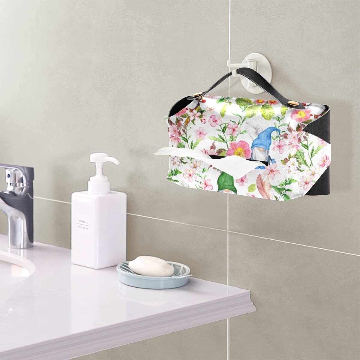 Decorative Leather Rectangular Tissue Box Cover with Cute Gnomes & Flowers - Tissue Dispenser Case for Hotel, Restaurant, Bedroom & Car Decor