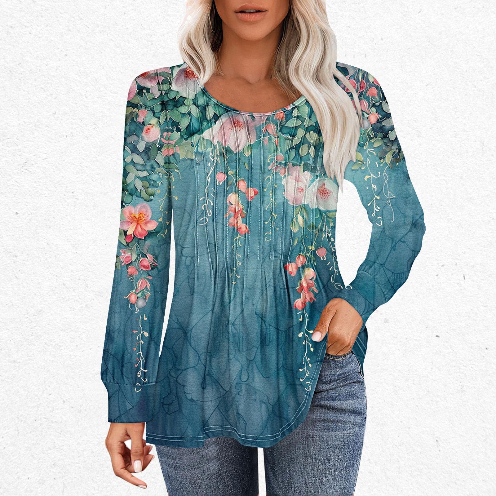 Women's Long Sleeve Floral Crew Neck Blouse - Elegant Casual & Travel Tops for Work, Date Night & Weekend Outings