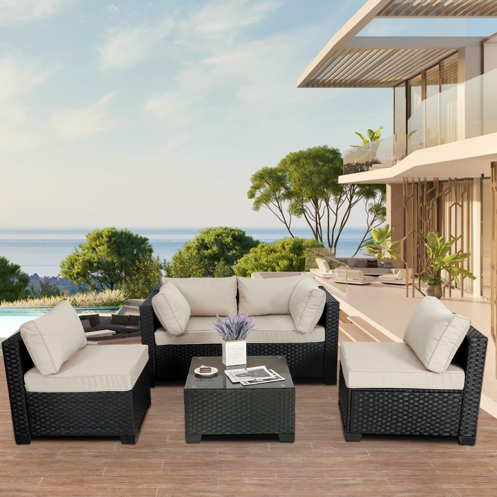 Outdoor Patio PE Wicker 5-Piece Furniture Set - Black Rattan Sectional Sofa with Coffee Table & Khaki Cushions | Durable All-Weather Wicker Conversation Set for Garden, Poolside, or Backyard Relaxation