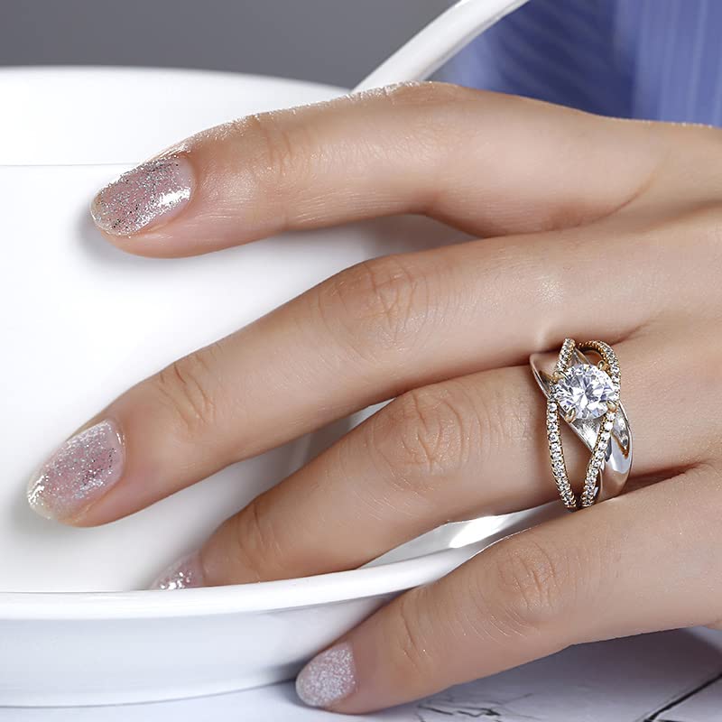 Jeulia Women's Engagement Rings - Sterling Silver & Two-Tone Gold Bridal Set with Crossover Round Cubic Zirconia Ring for Anniversary, Promise, or Proposal - Perfect Gift with Jewelry Box for Weddings, Valentine's Day & Special Occasions
