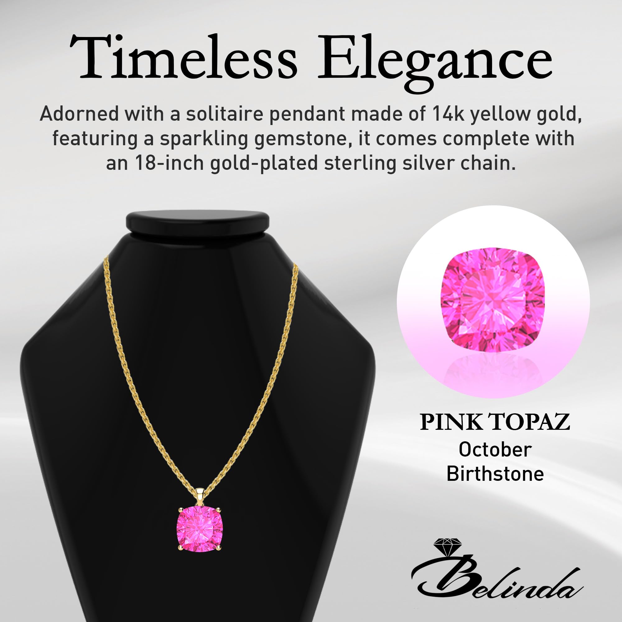 14K White & Yellow Gold Birthstone Pendant Necklace for Women - Sparkling Cushion Cut Gemstone with Sterling Silver Chain - Elegant Fine Jewelry Gift for Birthday, Anniversary & Special Occasions