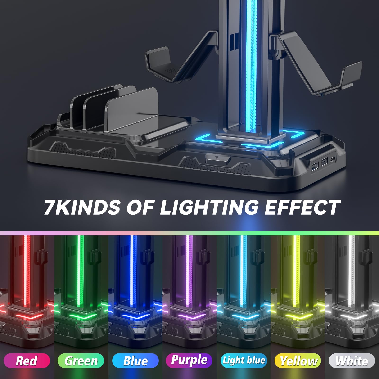 KDD Premium Headset Stand with Wireless Charging Station - Detachable Controller Holder & 9 RGB Light Modes - Rotatable Headphone Hanger with Dual USB A/C Ports - Perfect Gaming Headset Stand for PS5, Xbox & PC Setup - Ideal for Gaming Room, Office & Home Desk Organization