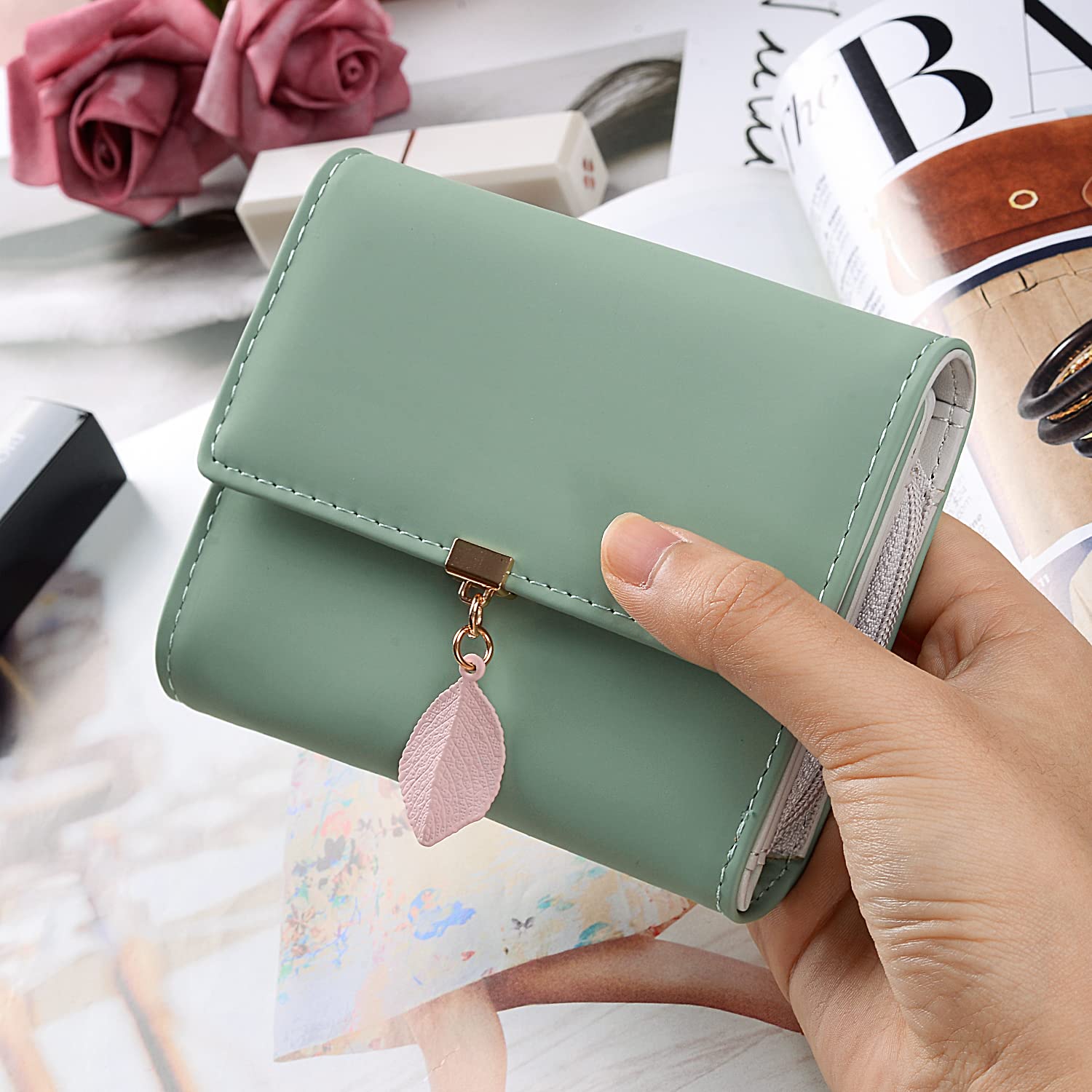 UTO RFID Blocking Wallet for Women - PU Leather Leaf Pendant Card Holder with Zipper Coin Purse | Phone & Checkbook Organizer | Perfect for Travel, Shopping & Everyday Use