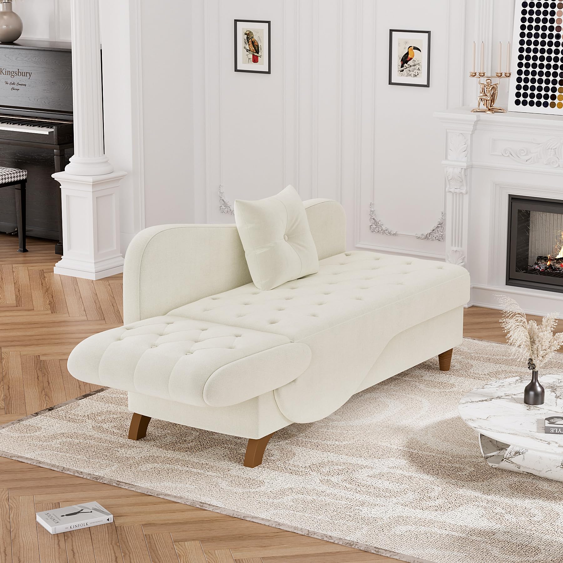 OUYESSIR Velvet Upholstered Chaise Lounge - Adjustable Recliner Sofa with Storage & Pillow, Button Tufted Living Room Chair for Bedroom, Office - Beige | Perfect for Relaxing, Reading & Small Space Living
