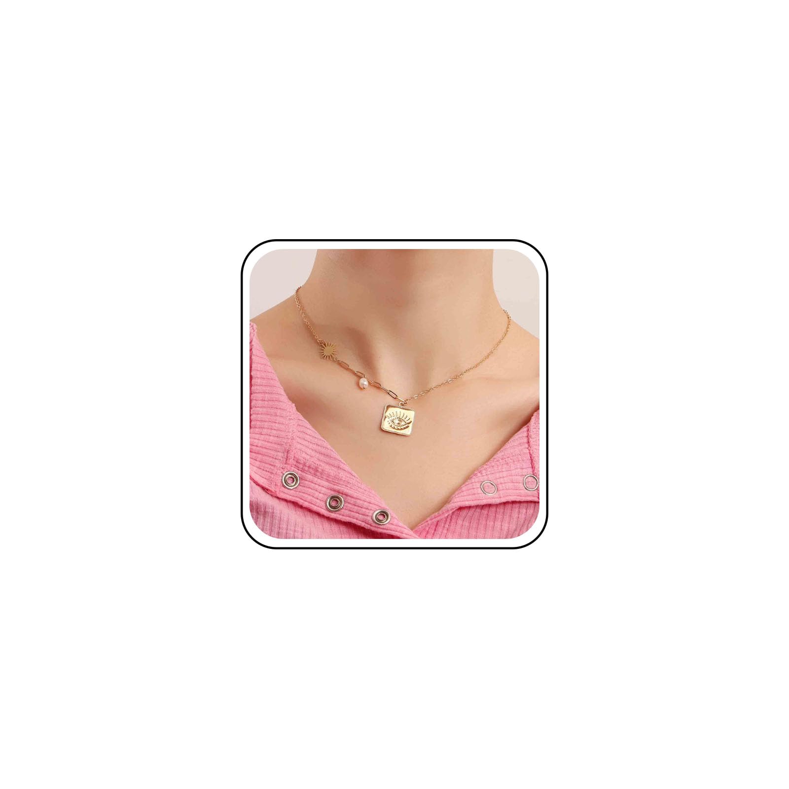 Bohemian Evil Eye Pendant Necklace - Gold Paper Clip Choker with Sun Pearl Accents | Square Metal Clavicle Chain Jewelry for Women | Perfect for Festivals, Beach Parties & Boho Fashion