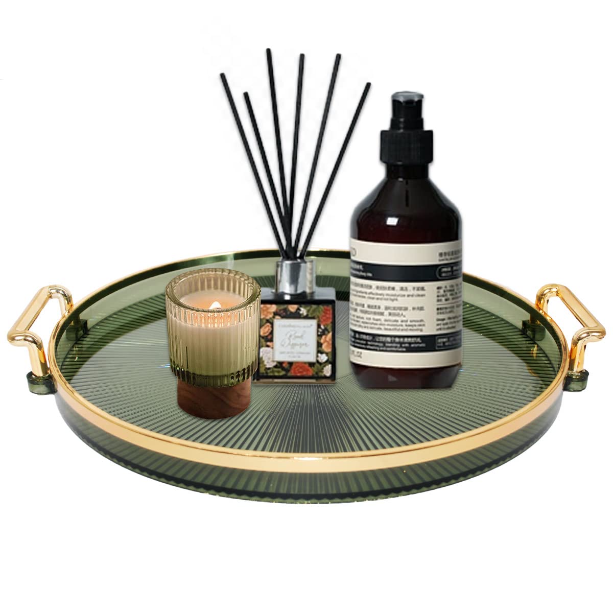 Modern Round Plastic Decorative Tray with Gold Handles - 11.61 Inch Serving Tray for Jewelry, Makeup & Perfume Storage | Vanity Organizer & Home Decor Display | Perfect for Bathroom Countertops, Dresser Tops & Coffee Table Decor