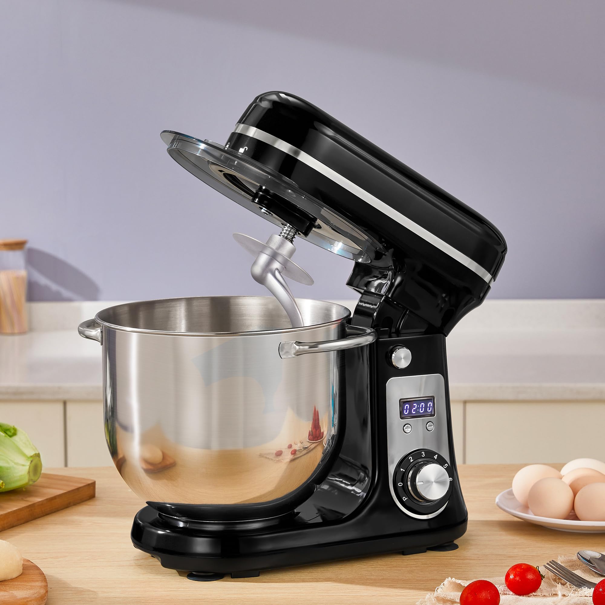 Biolomix 6.5QT Stand Mixer - 6-Speed Tilt-Head Electric Kitchen Mixer with Stainless Steel Bowl, Dough Hook, Whisk & Anti-Splash Cover (Red/Black) - Perfect for Baking Cakes, Cookies, Bread & More