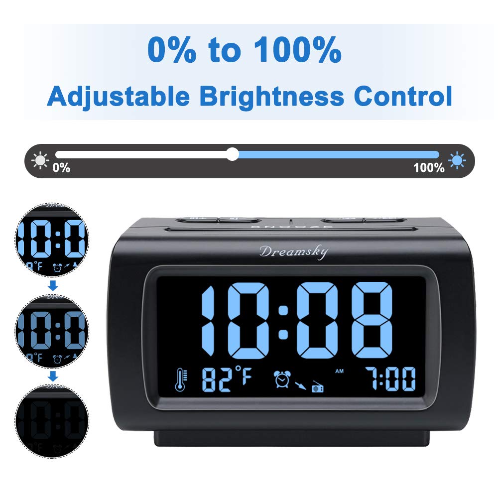 DreamSky Digital Alarm Clock Radio with Large Display, Battery Backup, USB Port & Sleep Timer - Adjustable Brightness, Volume & Snooze - FM Radio with Temperature Display for Bedroom, Office & Travel