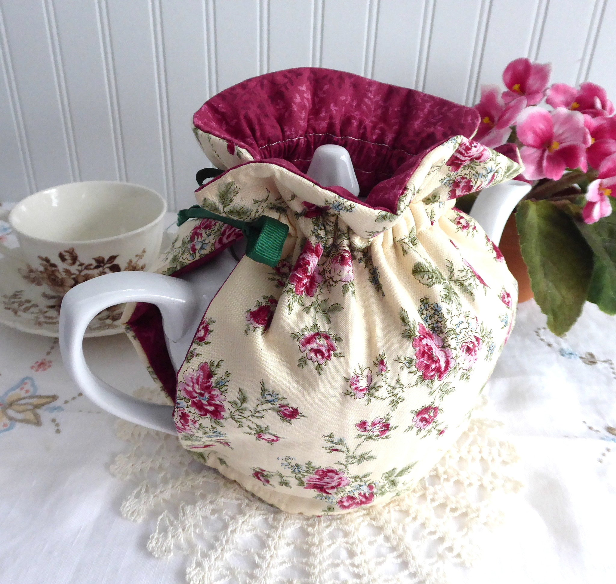 Reversible Tea Cozy with Padded Rosebuds Design - Cream & Burgundy Lining - Perfect for Tea Parties, Afternoon Tea, and Keeping Tea Warm - Made in USA