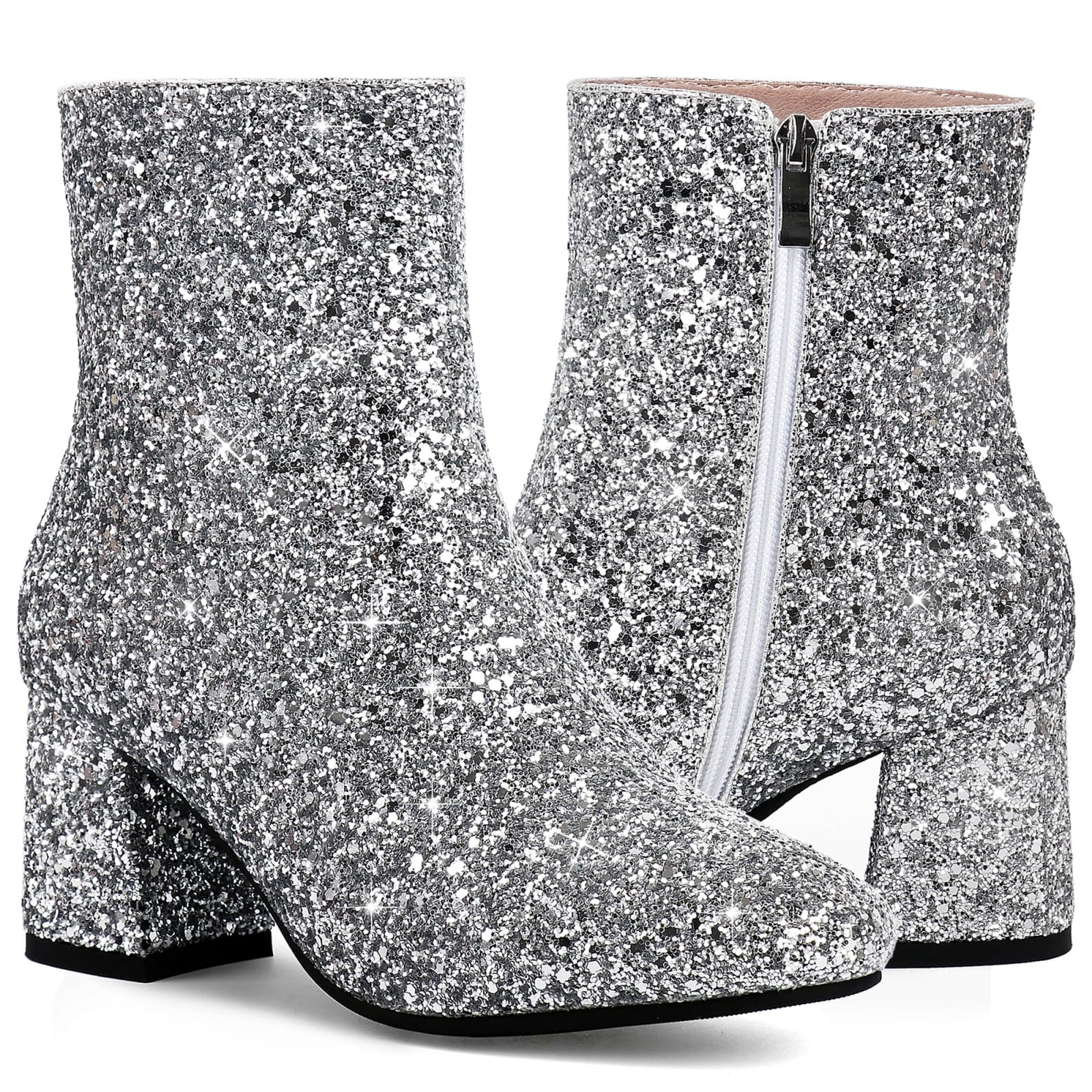 MAVMAX Women's Sequin Glitter Ankle Boots - Chunky Heel Sparkly Booties for Party, Night Out & Holiday | Comfortable Dress Shoes for Women