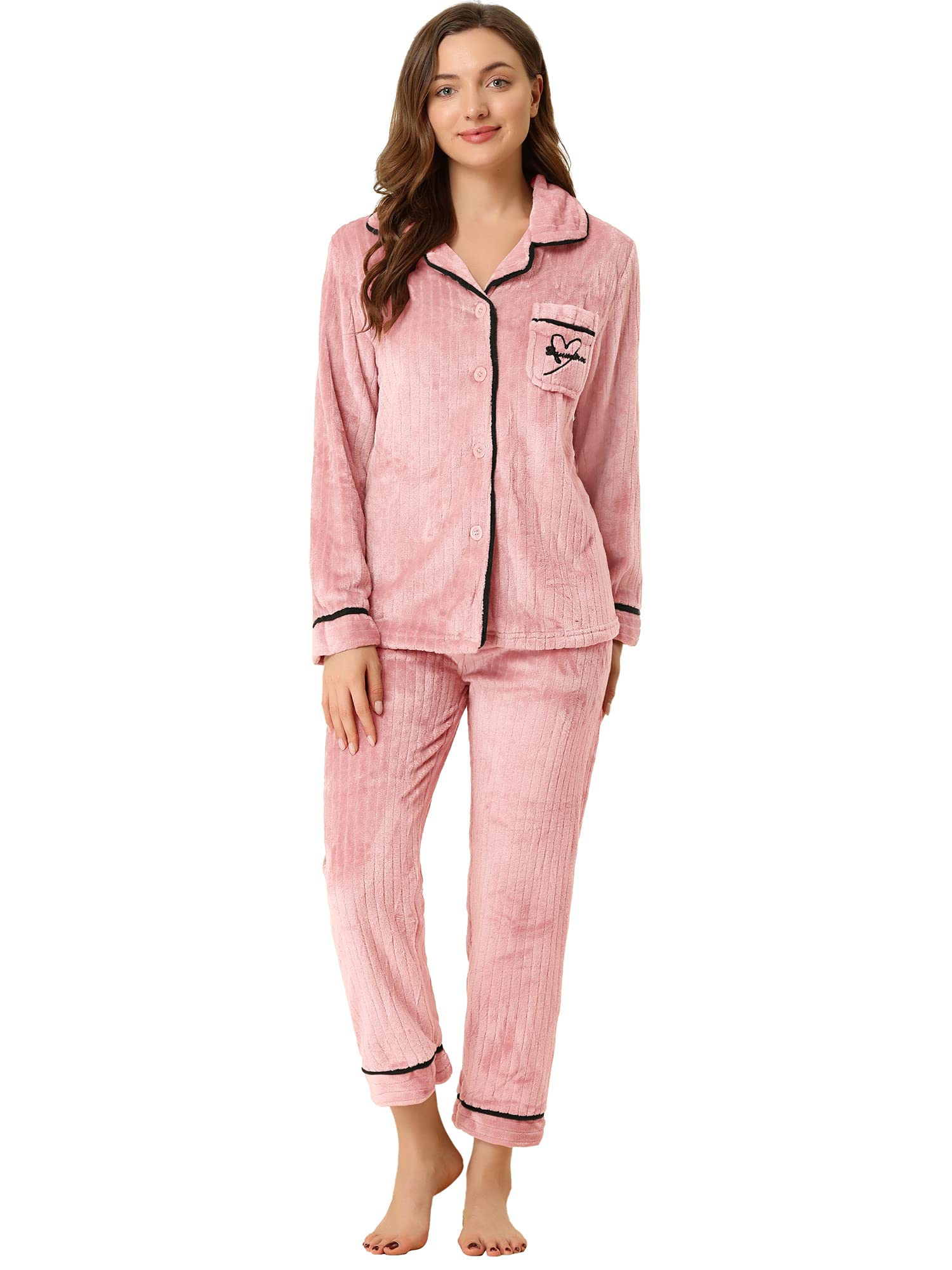 Allegra K Women's Flannel Pajama Set - Long Sleeve Button Down Sleepwear for Winter & Cozy Lounge Wear - Perfect for Cold Nights, Relaxing at Home and Holiday Gifts