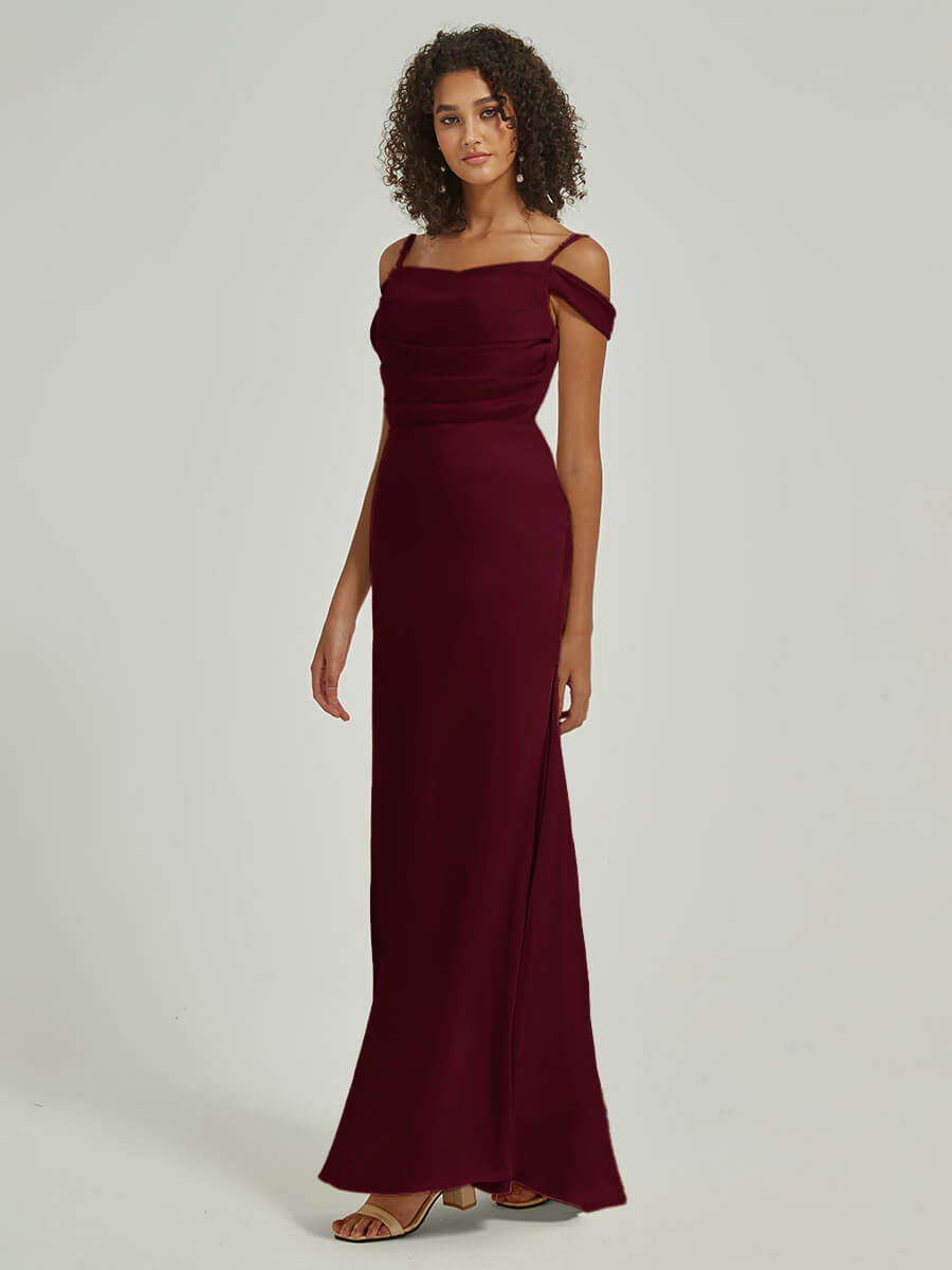 Elegant Burgundy Cowl Neck Straps Side Slit Silk Satin Convertible Bridesmaid Dress - Perfect for Weddings, Parties & Formal Events