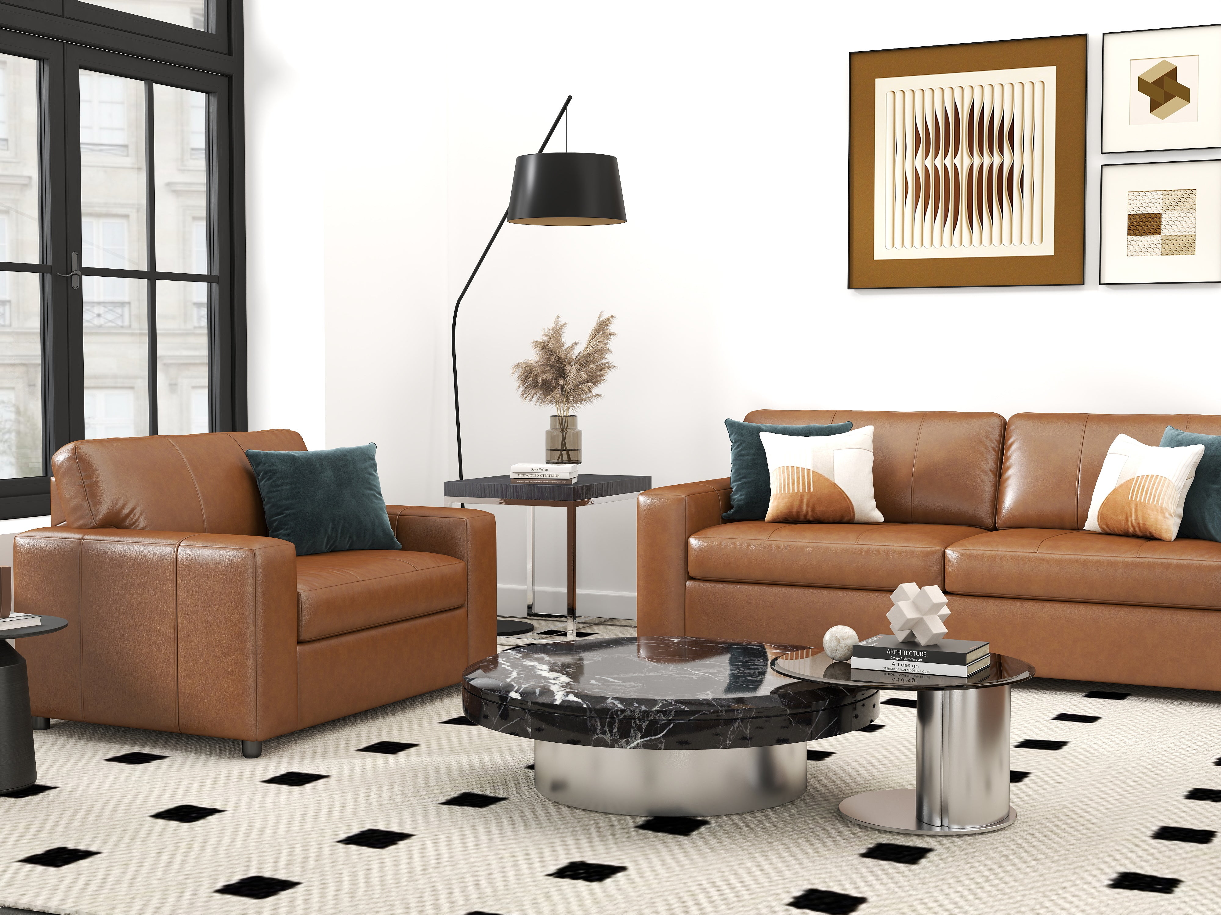 Roundhill Furniture Sakan Genuine Leather Upholstered Living Room Set - Sofa, Loveseat & Chair - Modern Sectional Couch for Home Theater, Family Room & Lounge Areas