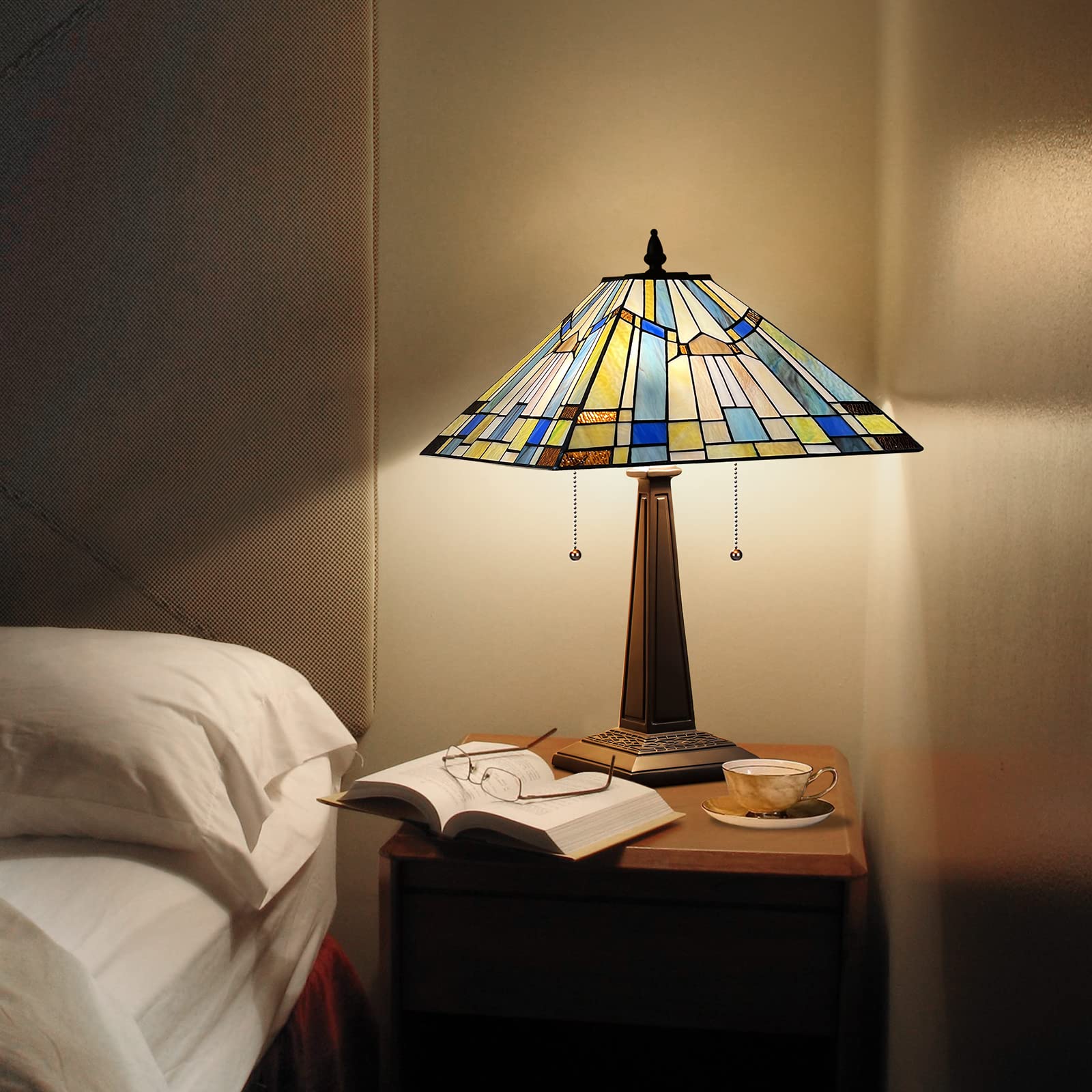 Tiffany Style Table Lamp - 16 Inch Rustic Mission Stained Glass Desk Lamp with 2 Lights in Green & Blue, Perfect for Bedroom, Living Room, and Home Office | Elegant Reading & Ambient Lighting