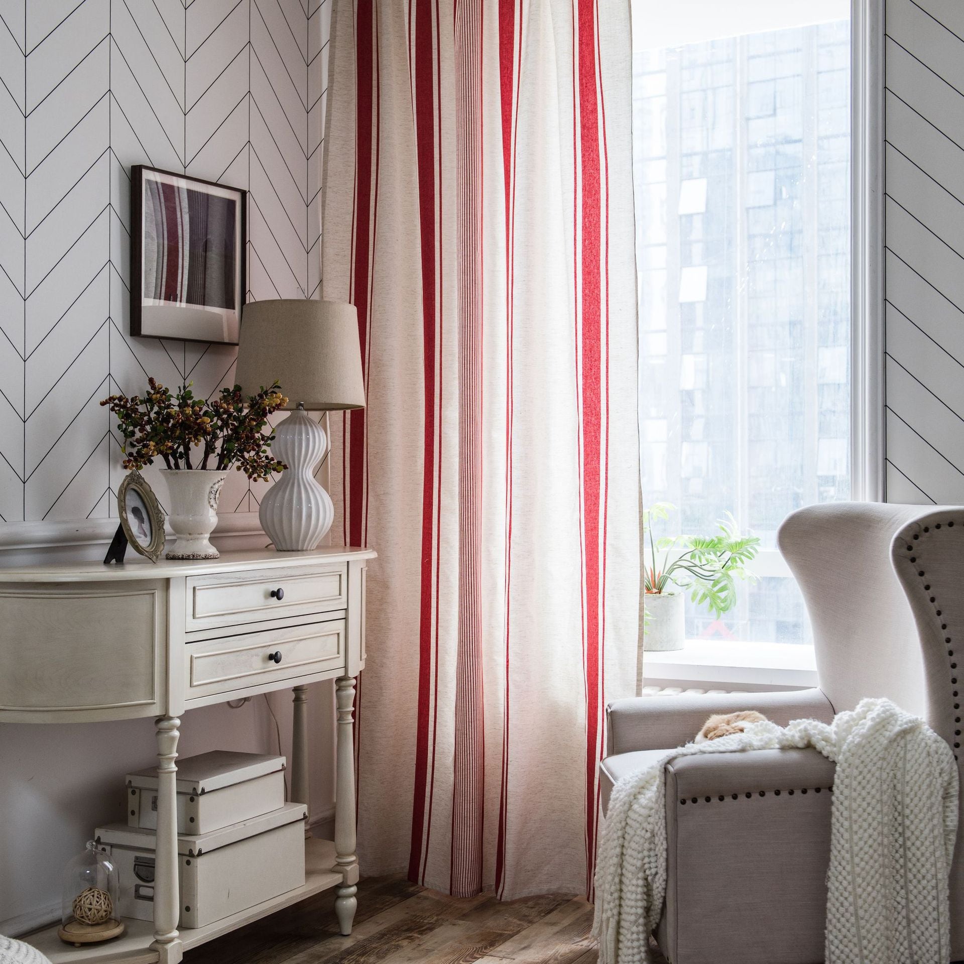 Charley Red Geometric Light Filtering Grommet Curtains - Custom Window Treatments for Living Room & Bedroom
