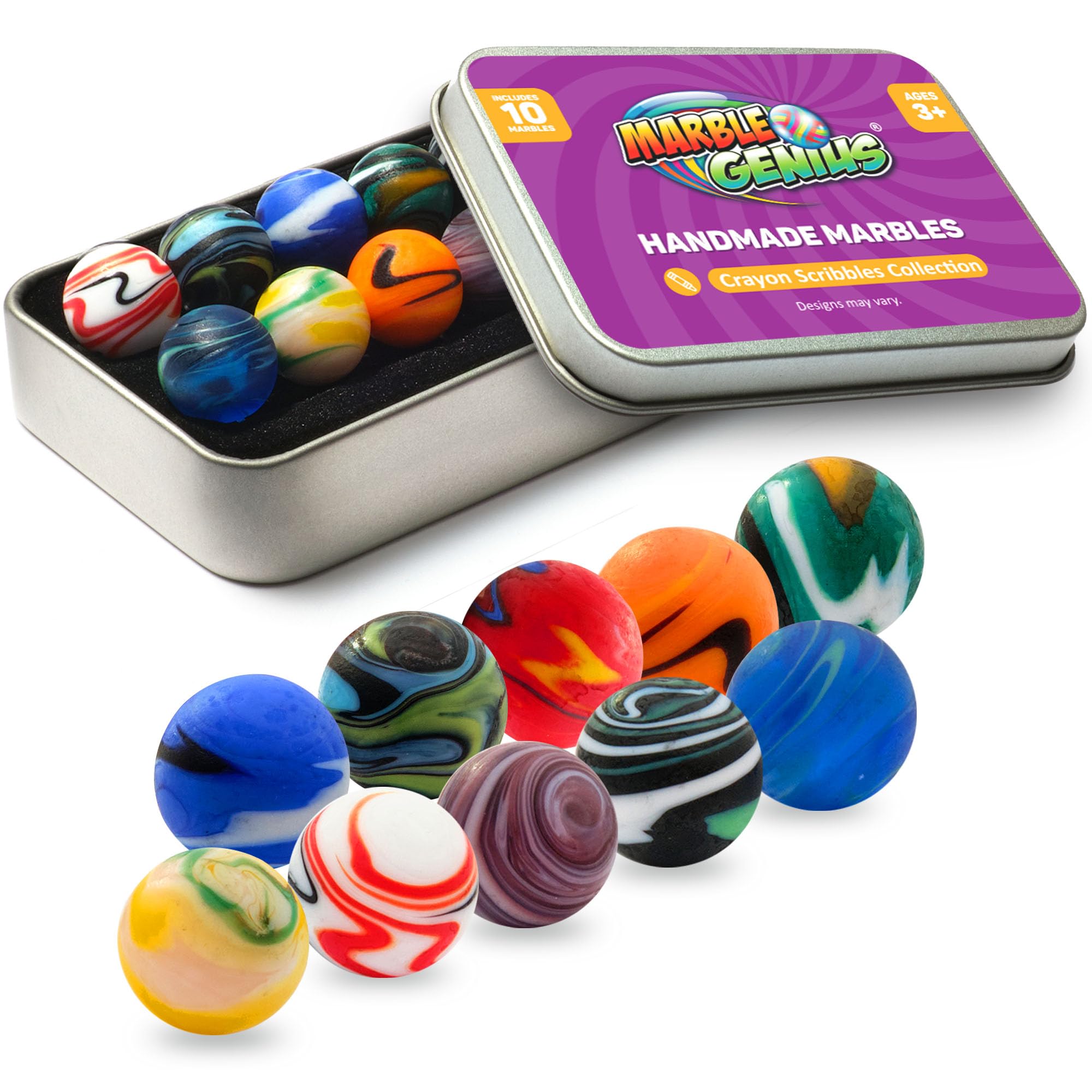 Marble Genius Collectors Marbles - 10 Handmade Glass Marbles with Unique Scribble Design, 16mm (5/8 Inch) - Perfect Gift for Marble Enthusiasts & Kids Ages 3+ - Great for Collecting, Games & Home Decor
