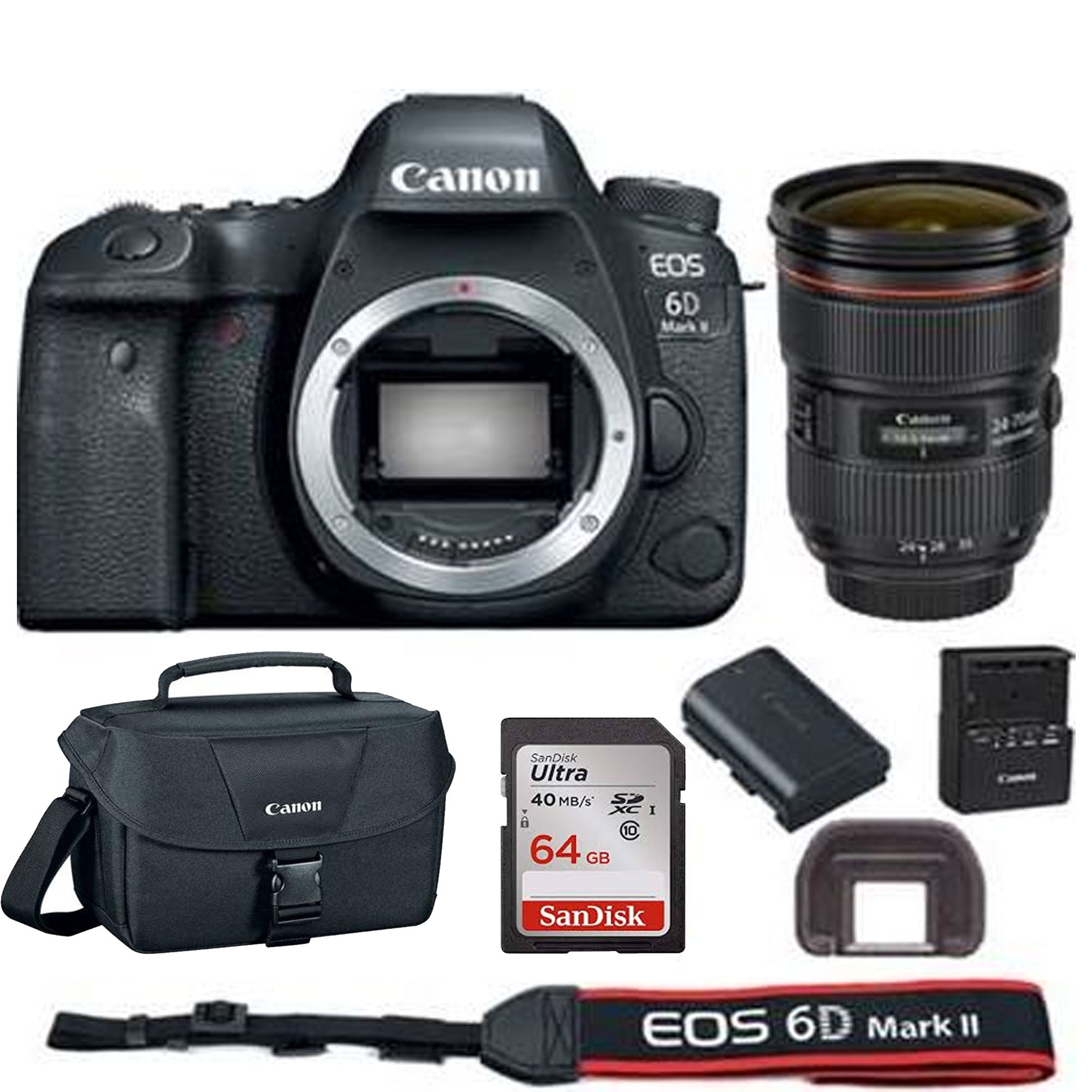 Canon EOS 6D Mark II 26.2MP Full Frame DSLR Camera with 24-70mm f/2.8L II USM Lens + 64GB Memory Card Bundle - Professional Photography, Travel & Portrait Shooting