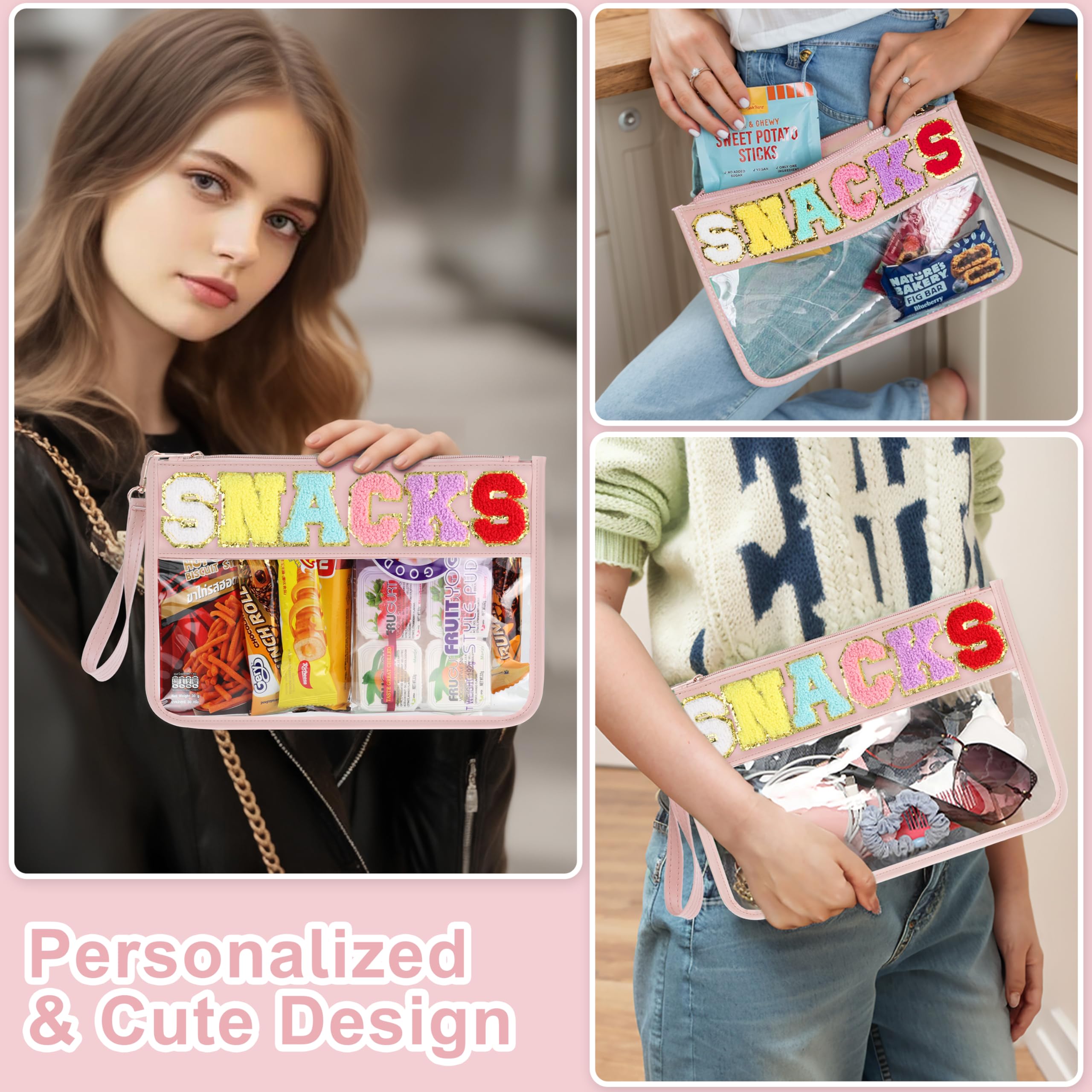 Clear Chenille Varsity Letter Zipper Pouch - Waterproof PVC & PU Travel Snack Bag, Cosmetic Tote for Women | Perfect for School, Gym, Beach & Daily Use (Pinkish-Snack)