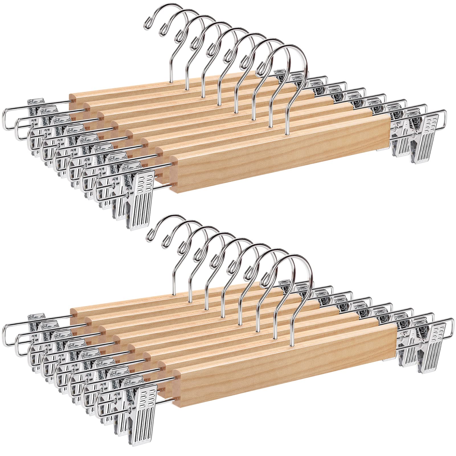 Amber Home 24 Pack Natural Wooden Pant Hangers with Adjustable Clips - 14.17