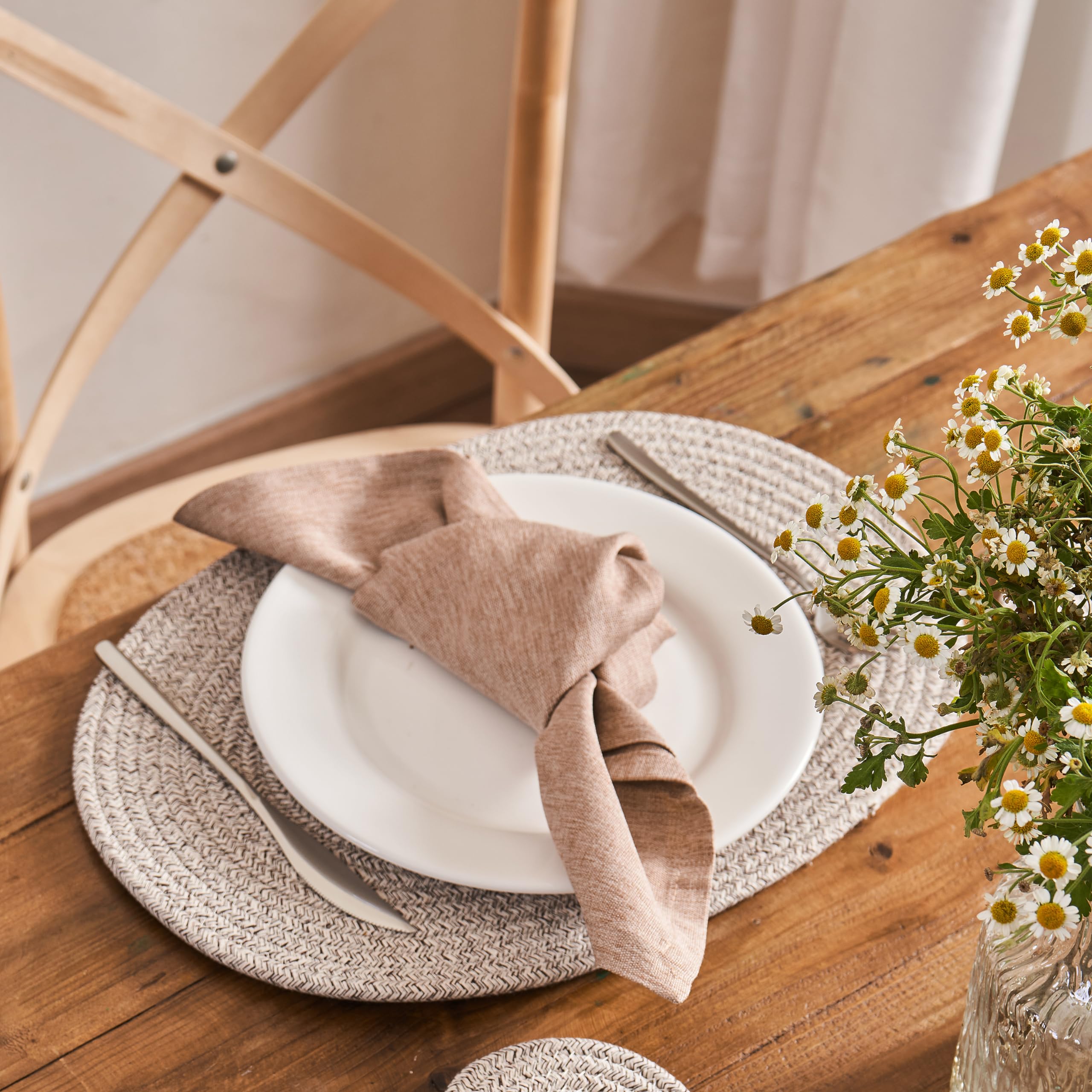 Set of 6 Oval Woven Boho Farmhouse Placemats - Handmade Rustic Table Mats for Dining & Kitchen Decor (16x12 Inches, Brown Mixed) | Washable & Durable for Everyday Meals, Dinner Parties & Home Styling