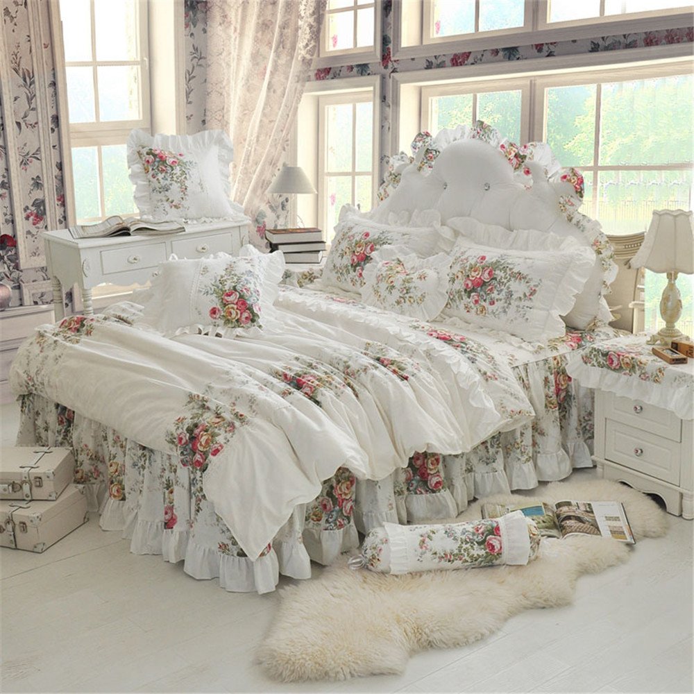 LELVA Vintage Rose Floral Duvet Cover Set - Shabby Chic White Cotton Bedding with Lace Ruffle Design, Queen Size 4-Piece for Girls Bedroom | Perfect for Boho, Farmhouse & Romantic Home Decor
