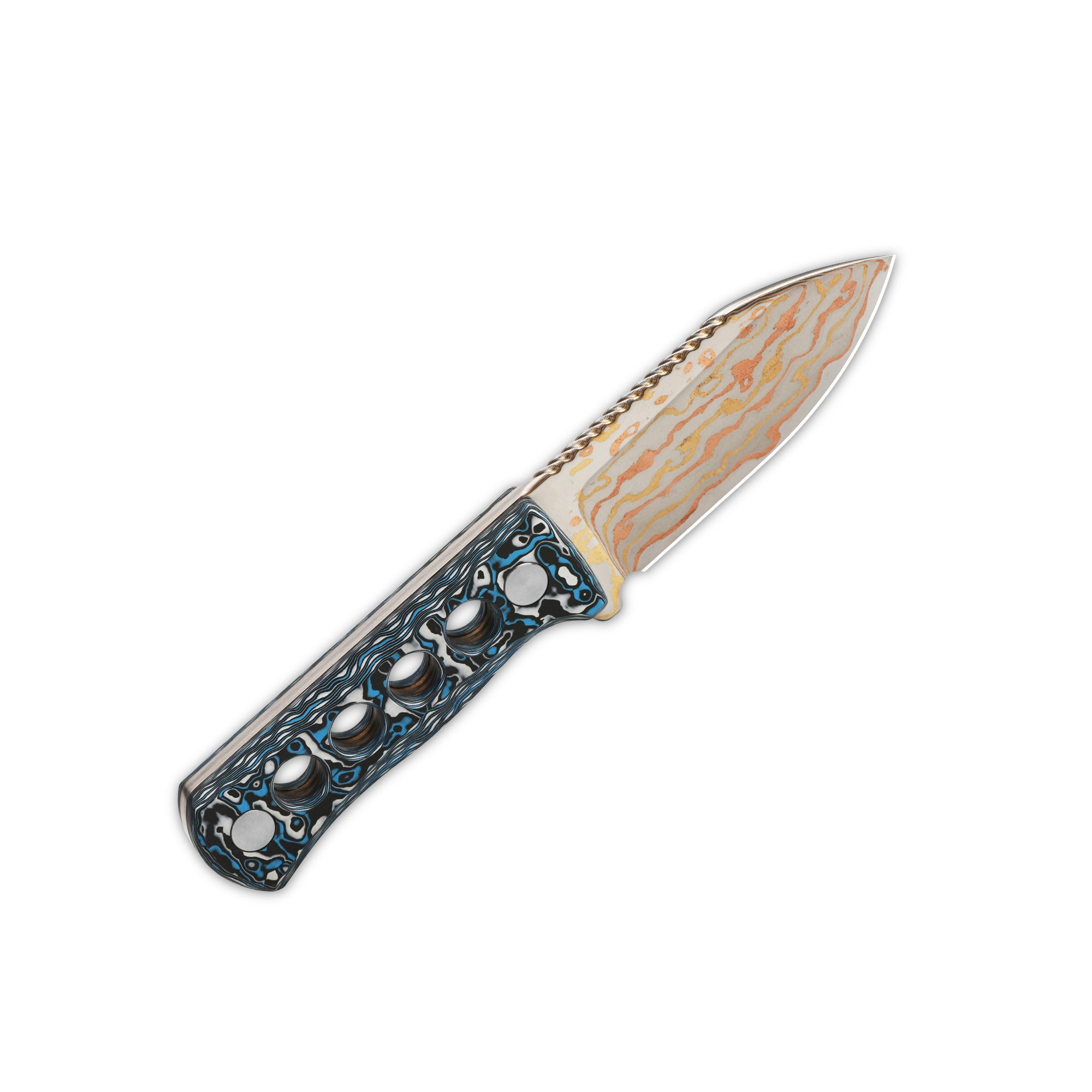 QSP Canary Neck Knife - Brass & Copper Damascus Steel Blade with Camo Carbon Fiber Handle - EDC, Outdoor Survival, Hunting, and Camping Accessory