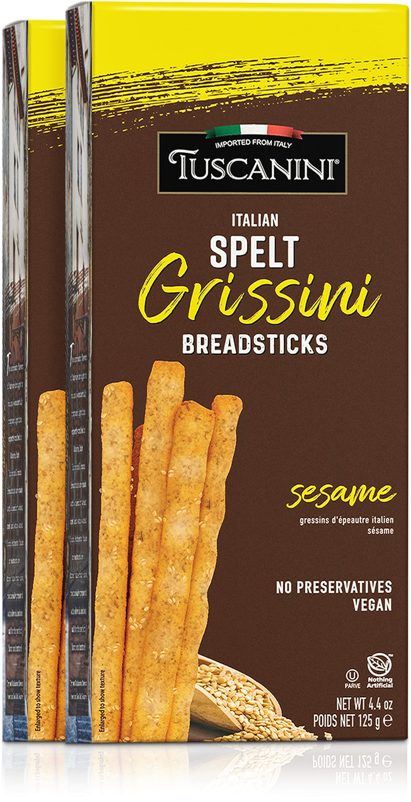 Tuscanini Italian Sesame Grissini Breadsticks, 4.4oz (2 Pack) - Traditional Thin & Crispy Italian Bread Sticks | Made with Spelt Flour | Perfect for Appetizers, Cheese Platters & Wine Pairing